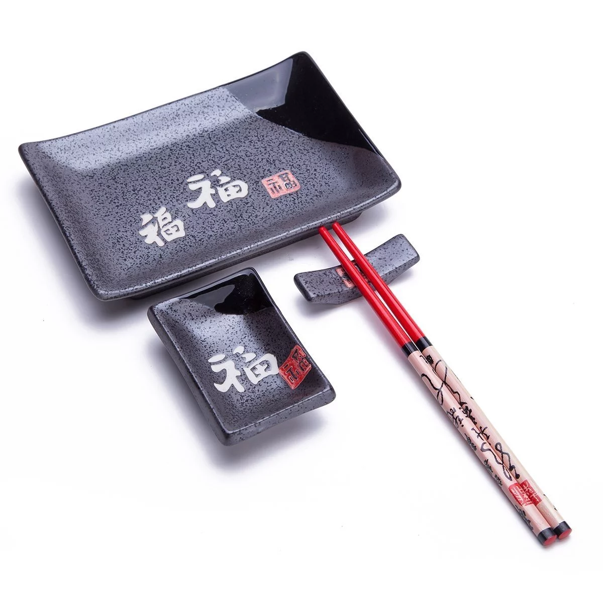 4 Pcs Japanese Sushi Plate Dinnerware Set Black With Chinese Calligraphy 