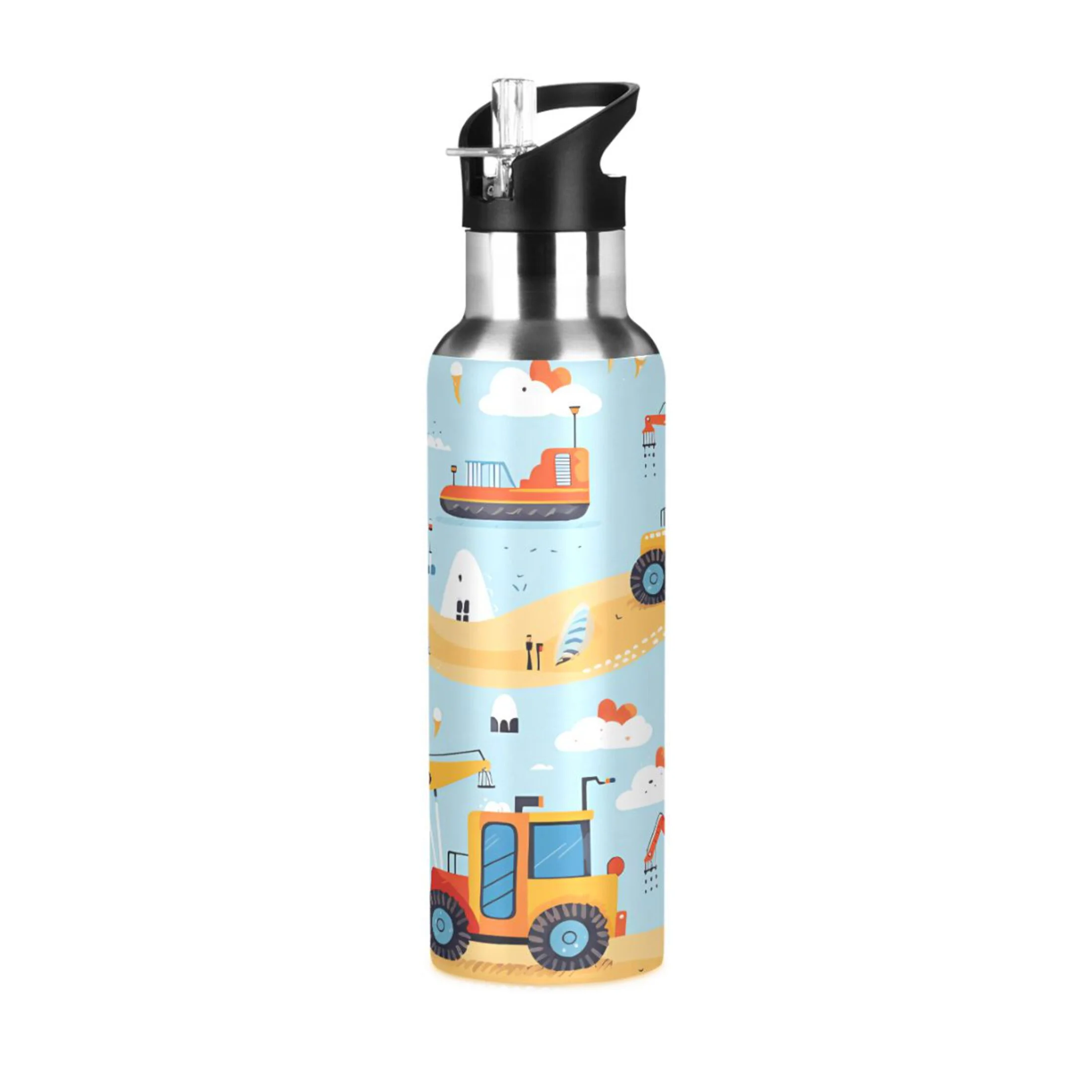 Water Bottle with Straw Lid Leak Cartoon Truck Blue Excavator Stainless Steel Insulated Thermos Vacuum Flask for Cold Hot Drinking for Sports Camping Gym Yoga
