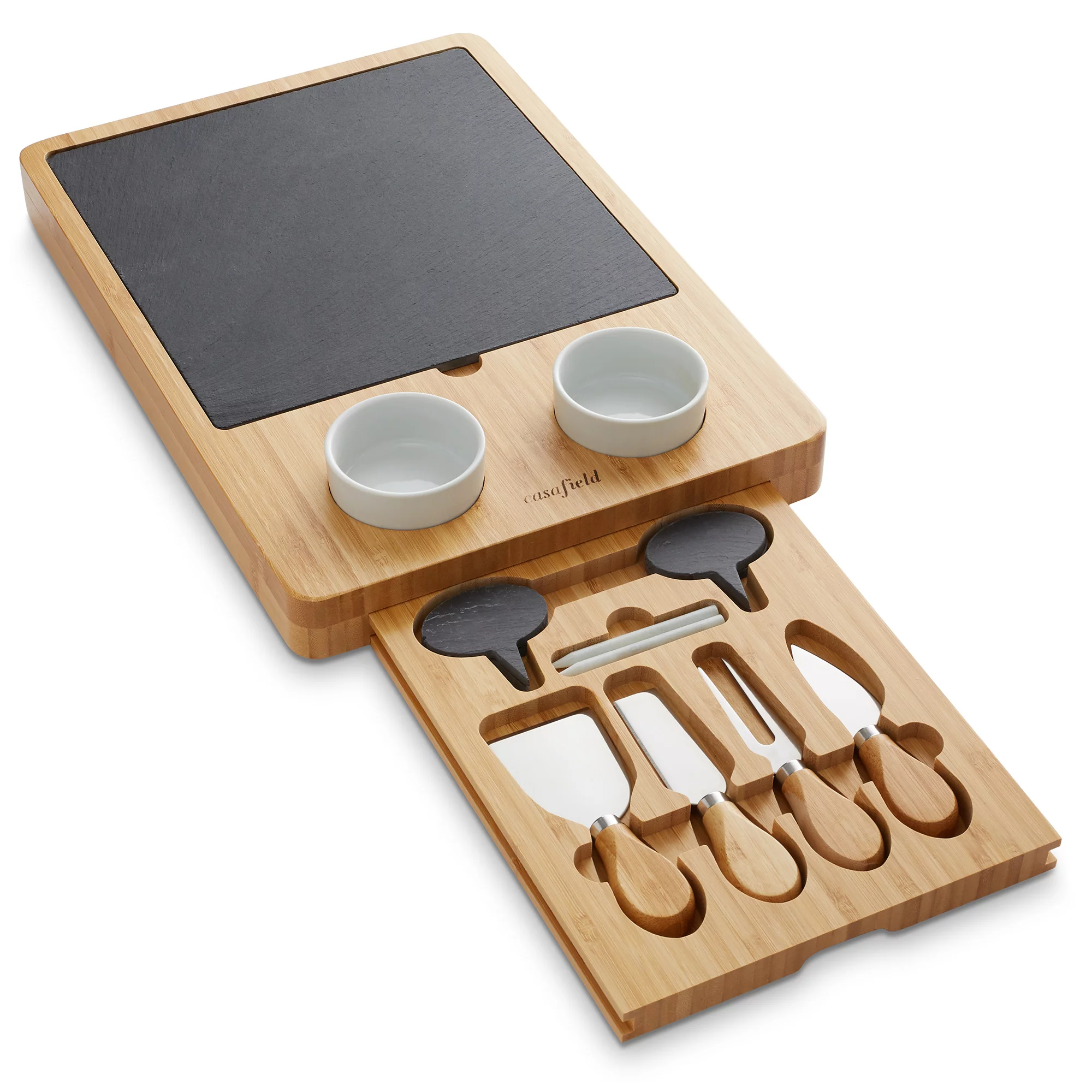 Casafield Bamboo Charcuterie Cheese Board with Slate Cheese Plate and Stainless Steel Knives