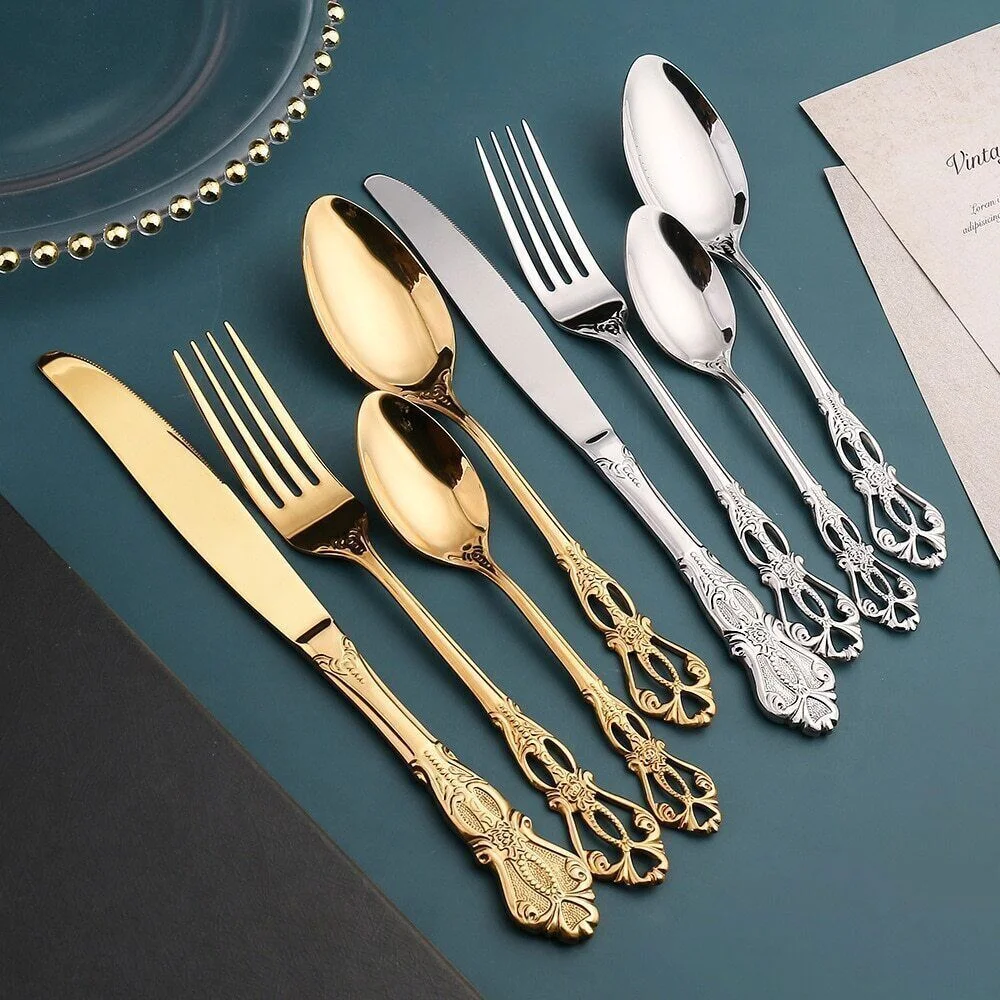 24pcs Cutlery Set Gold Dinnerware Spoon Dinner Silverware Tableware Gifts