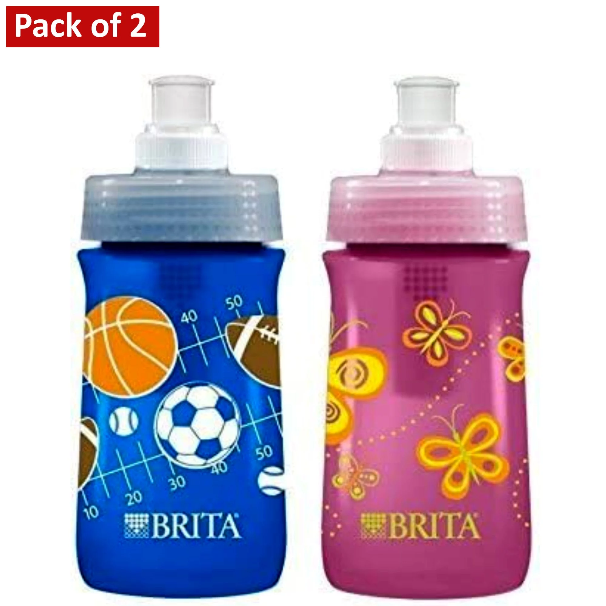Brita Soft Squeeze Water Filter Bottle 13 Once, Variety 2 Pack, Navy Blue Sports/Pink Butterflies