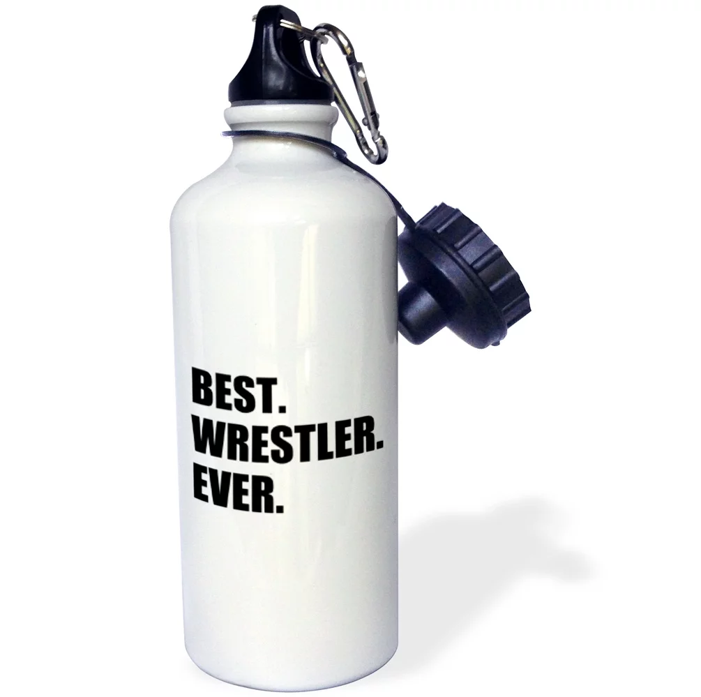 3dRose Best Wrestler Ever, fun wrestling sport gift, black and white text, Sports Water Bottle, 21oz