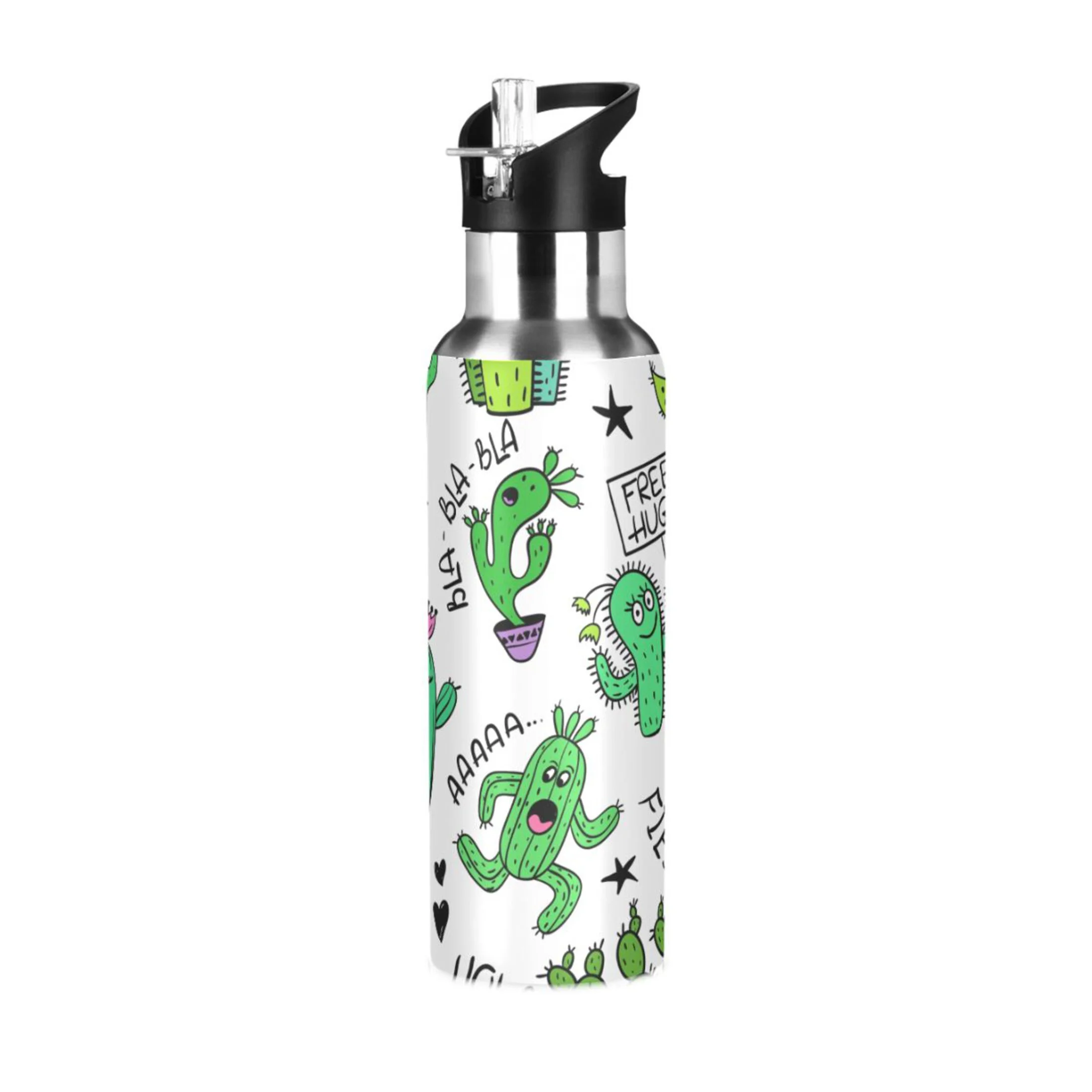 Water Bottle with Straw Lid Leak Funny Cartoon Cactus N Succulent Plant Stainless Steel Insulated Thermos Vacuum Flask for Cold Hot Drinking for Sports Camping Gym Yoga