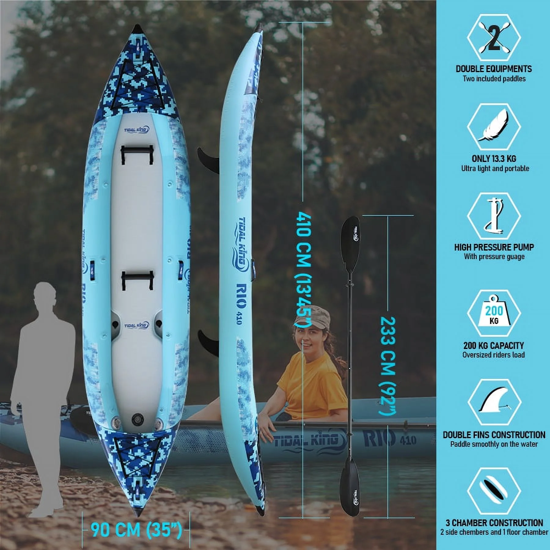 Tidal King Premium 2 Person Inflatable Kayak with 2x Kayak Paddles, 2x Seats, Pump, Backpack, 20L Dry Bag, Waterproof Phone case - 2 Years Warranty (Rio 410)