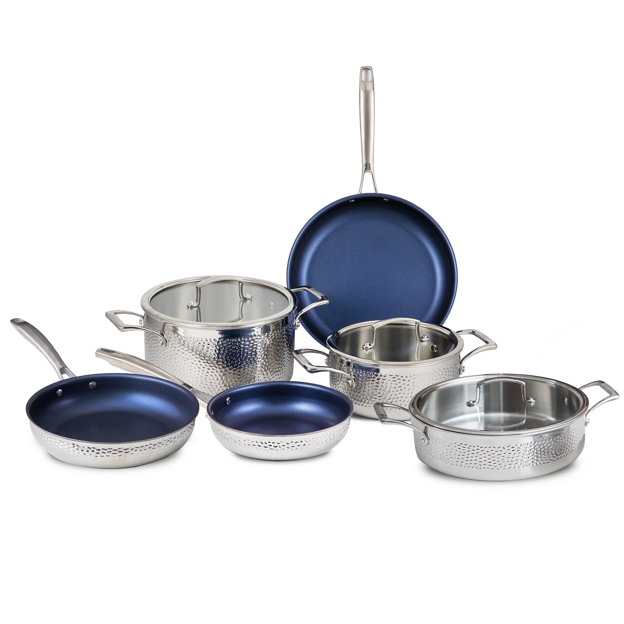 Blue Jean Chef 9-Piece Stainless Steel Cookware Set, Hammered Finish, Tri-Ply Construction Clad Cookware, Nonstick; Induction, Oven & Dishwasher Safe