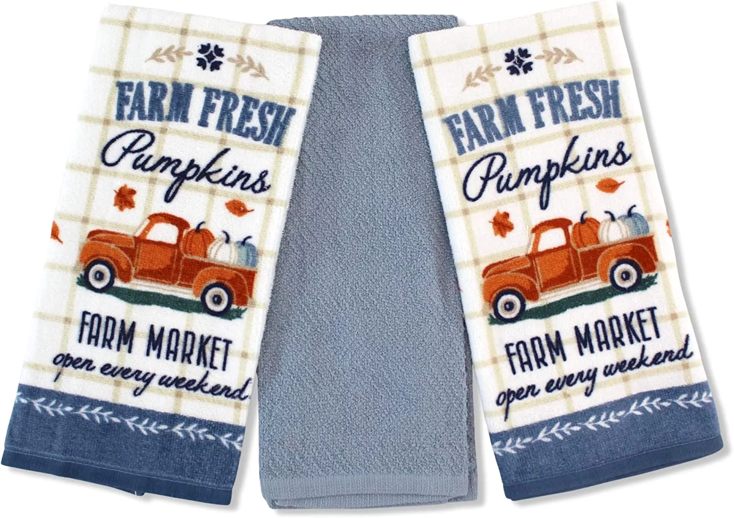 Serafina Home Happy Harvest Country Fall Kitchen Towels Set: Colorful Cotton Velour Harvest Pumpkins Truck, Blue Border Plaid Print Background