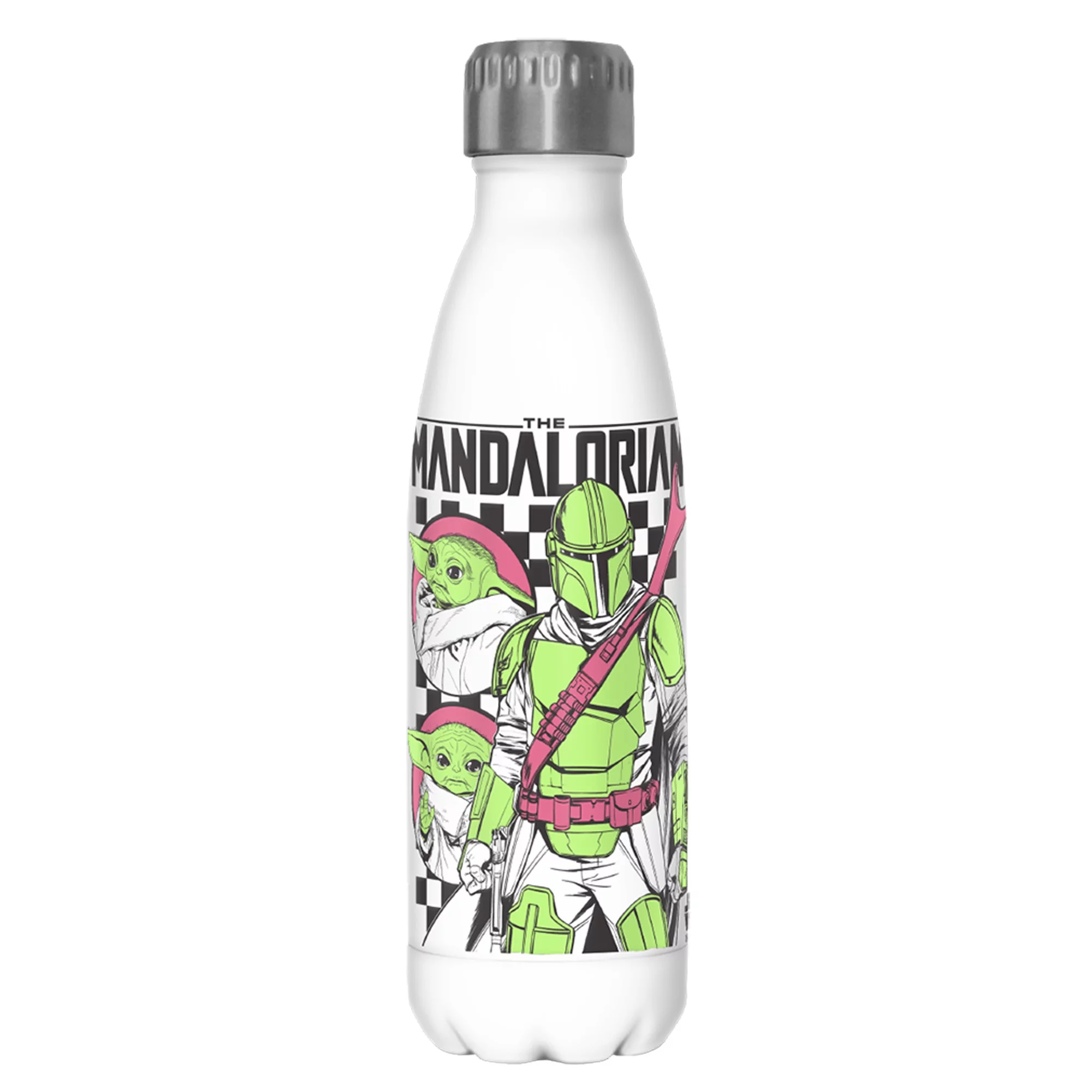 Star Wars: The Mandalorian Grogu Checkers  Stainless Steel Water Bottle White 17 oz.