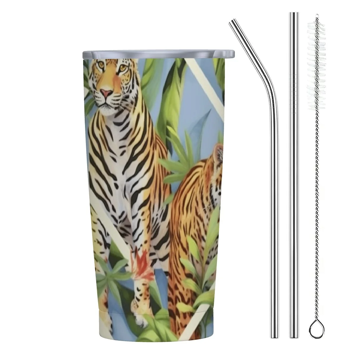 Shangniulu Tiger Leopard Tropical Leaves Funny Tumbler Stainless Steel Coffee Mug Insulated Travel Car Cup with Straw and Lid Water Bottle 20 Oz