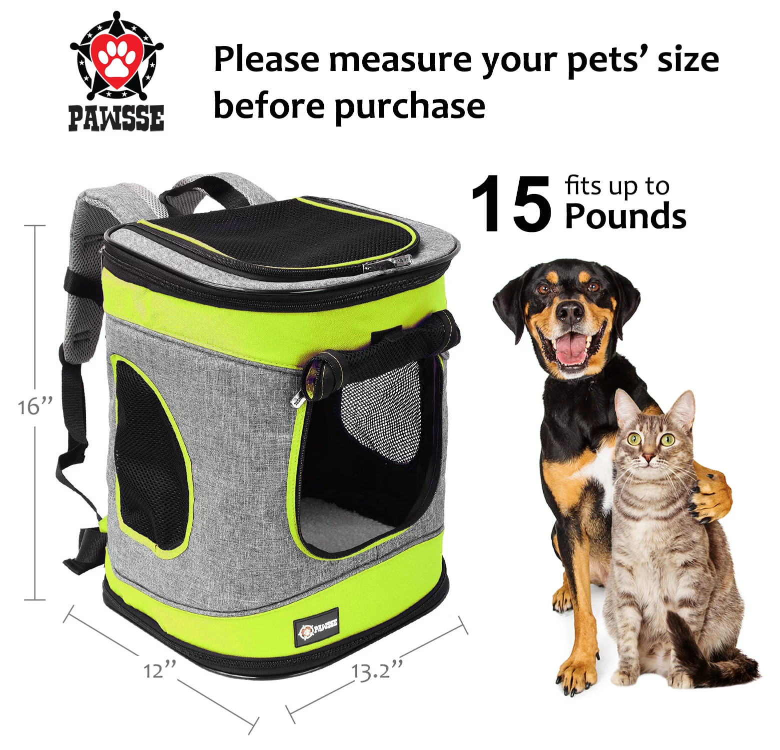 Pawsse Pet Carrier Backpack, Green & Gray, 16