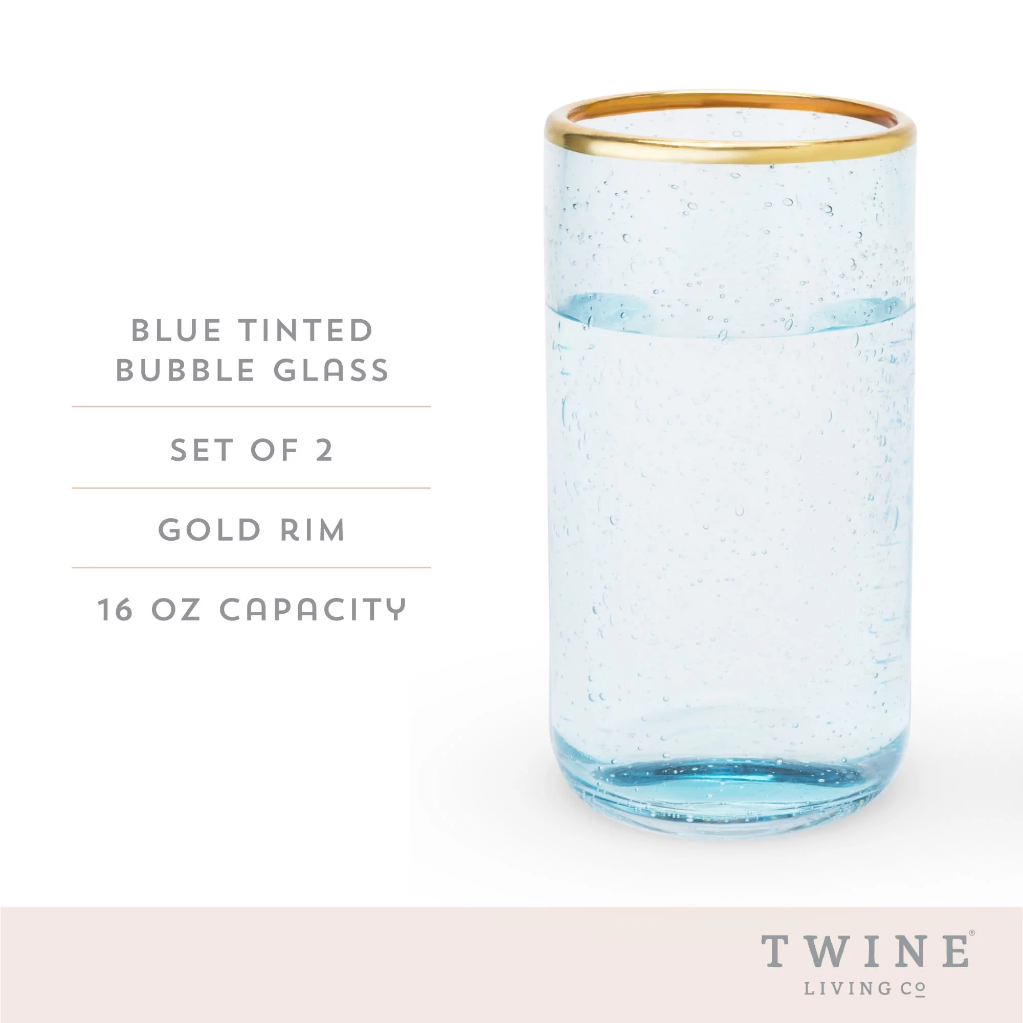 Twine Aqua Bubble Gold Rimmed Glass Tumblers - Tinted Water Drinking Glass, Kitchen Glassware Glass Cups Set, Colored Cocktail Glasses - Set of 2, 16 oz, Blue