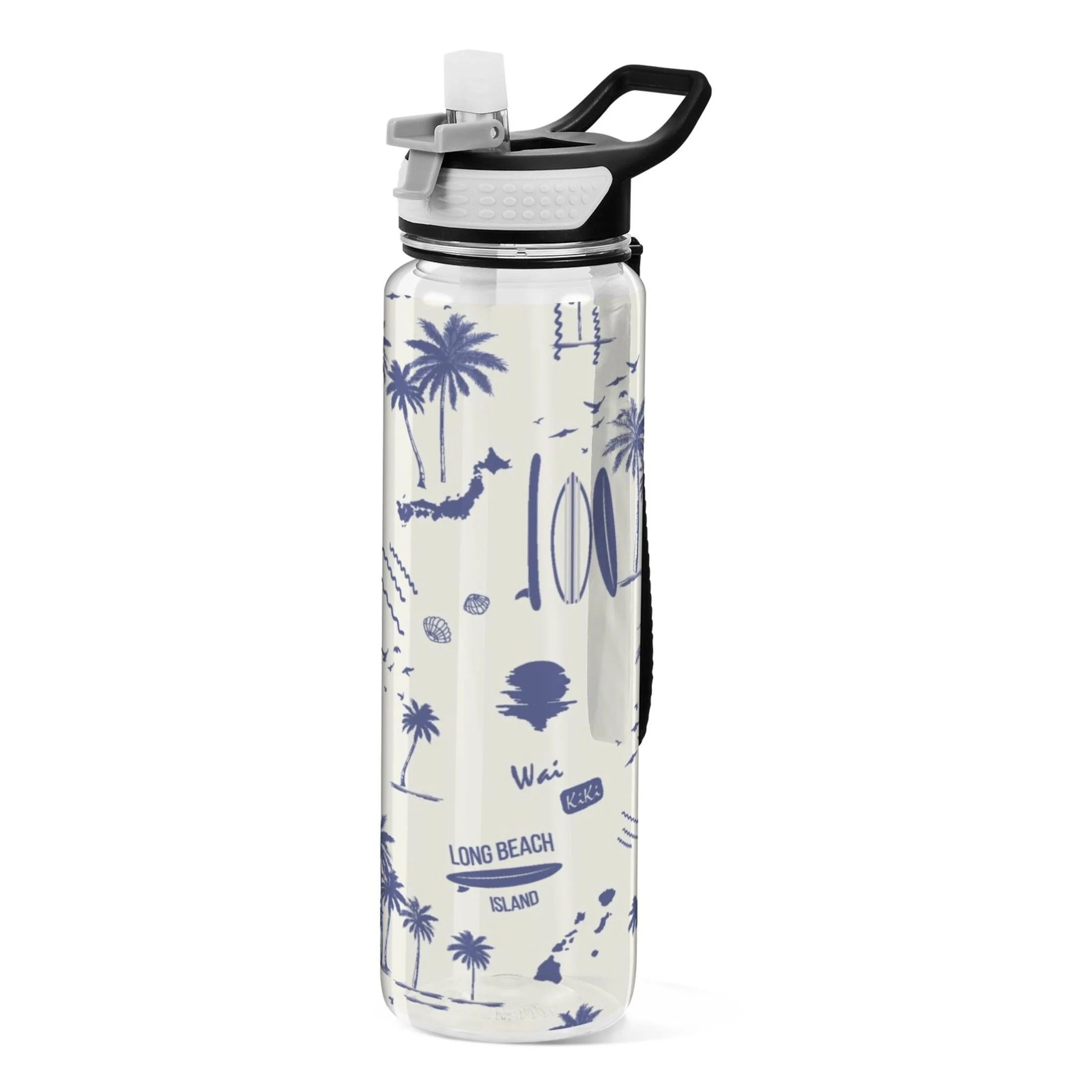 Hawaii Palm Tree Summer 32oz Sports Water Bottles Leakproof Tritan Bottle with Straw BPA Free Clear Bottle for Fitness Gym Outdoor Cycling