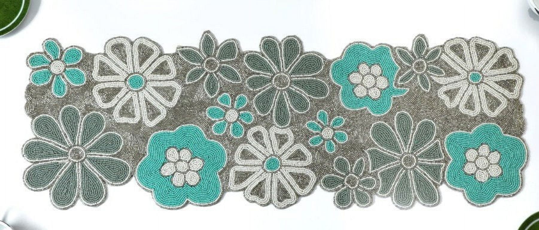 Handmade Table Runner And Placemat Set With Coaster, Designer Beaded Floral Dining Set, Summer Tableware