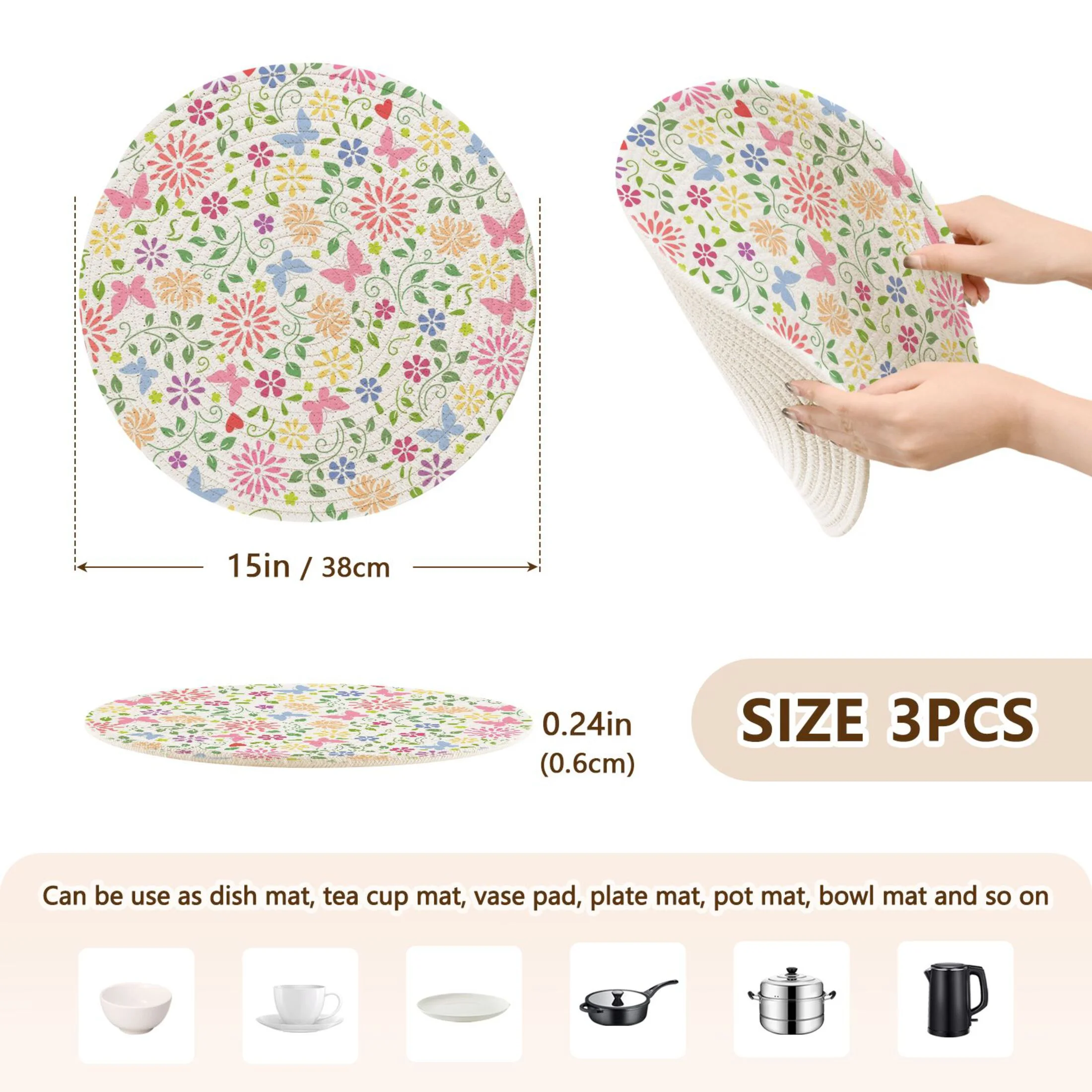 Floral and Butterflies 3 PCs Pot Holders Trivets Kitchen 15