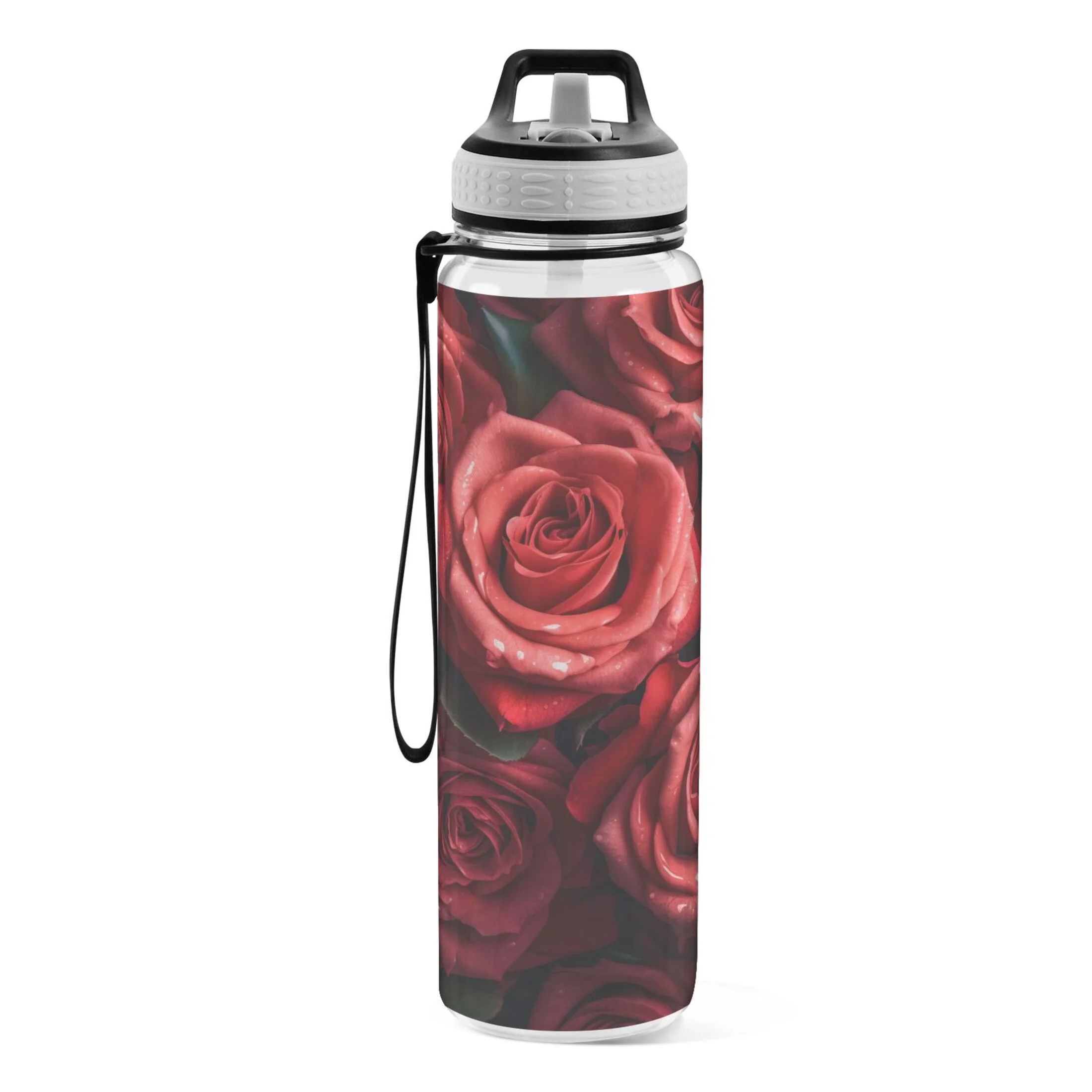 Red Roses Flowers 32oz Water Bottles with Straw Tritan Leakproof Sports Bottle BPA Free Clear for Fitness Gym Swimming Cycling