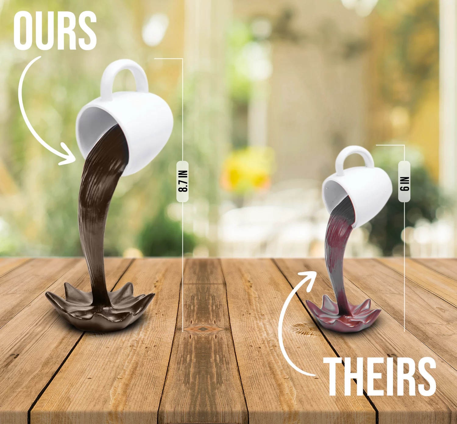 Floating Coffee Cup Coffee Bar DEcor – Set of 2 Hand-Painted, 8.7 in. Tall Mugs Spilling 2 Colors of Coffee