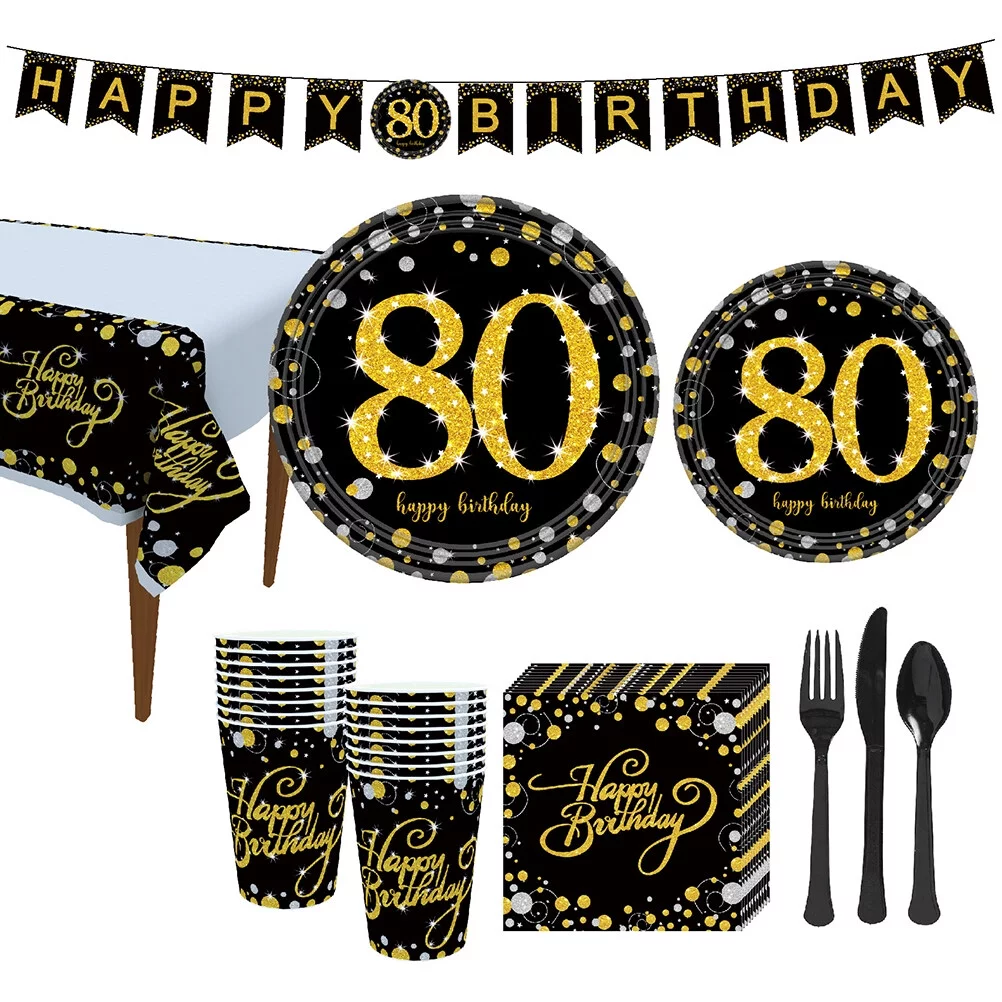 NUOLUX Birthday 80Th Party Banner Happy Tableware Set 80 Paper Plate Garland Napkins Supplies Favors