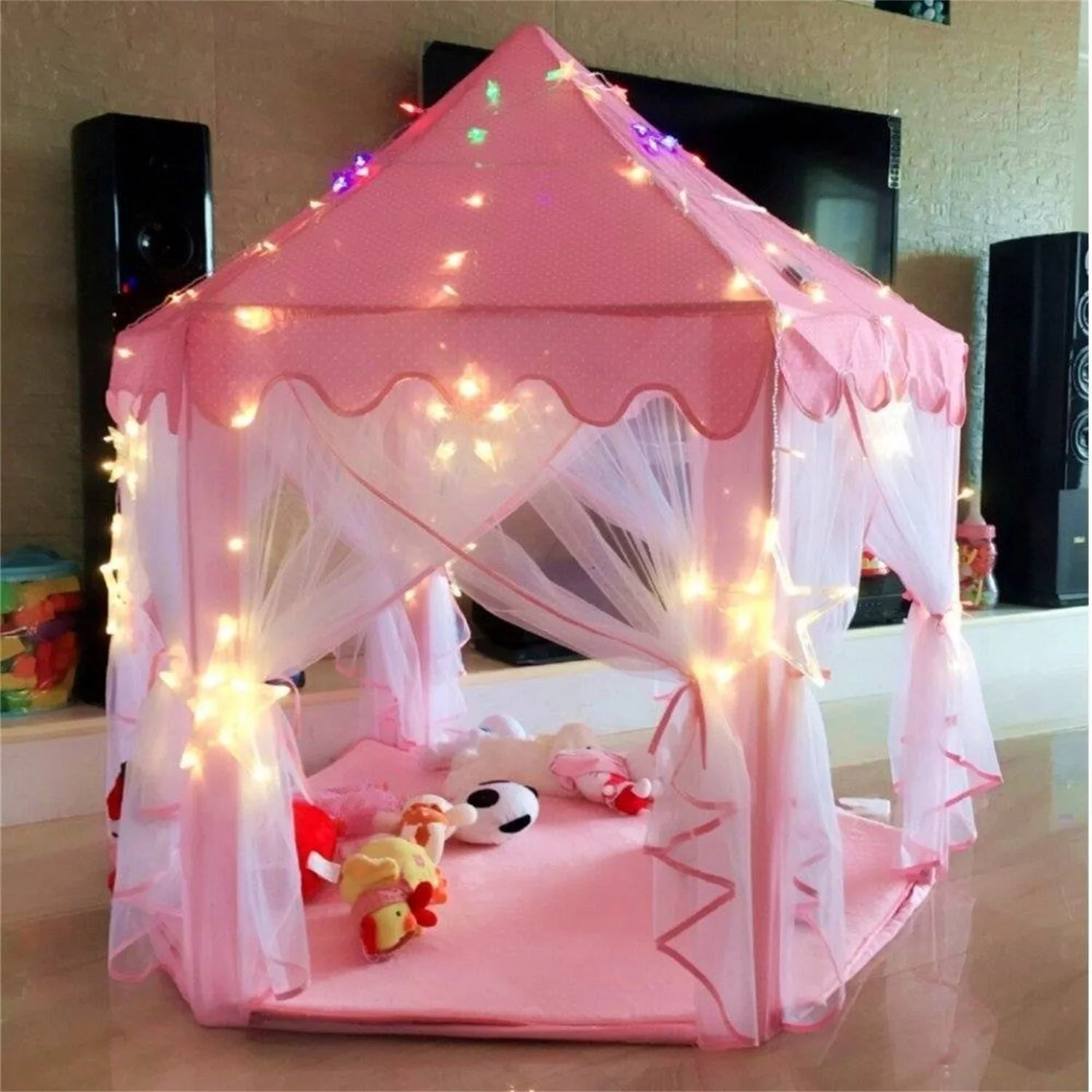 CIPACHO Tents for Girls with 4 Color Lights, Birthday Gift Princess Castle Play House for Child, Outdoor Indoor Portable Kids Children Play Tent, Pink