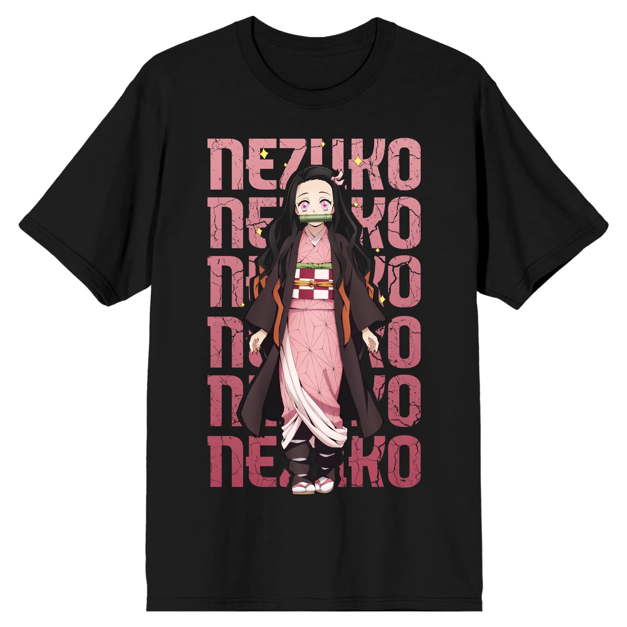 Demon Slayer Nezuko Repeat Text Crew Neck Short Sleeve Black Men's T-shirt-XXL