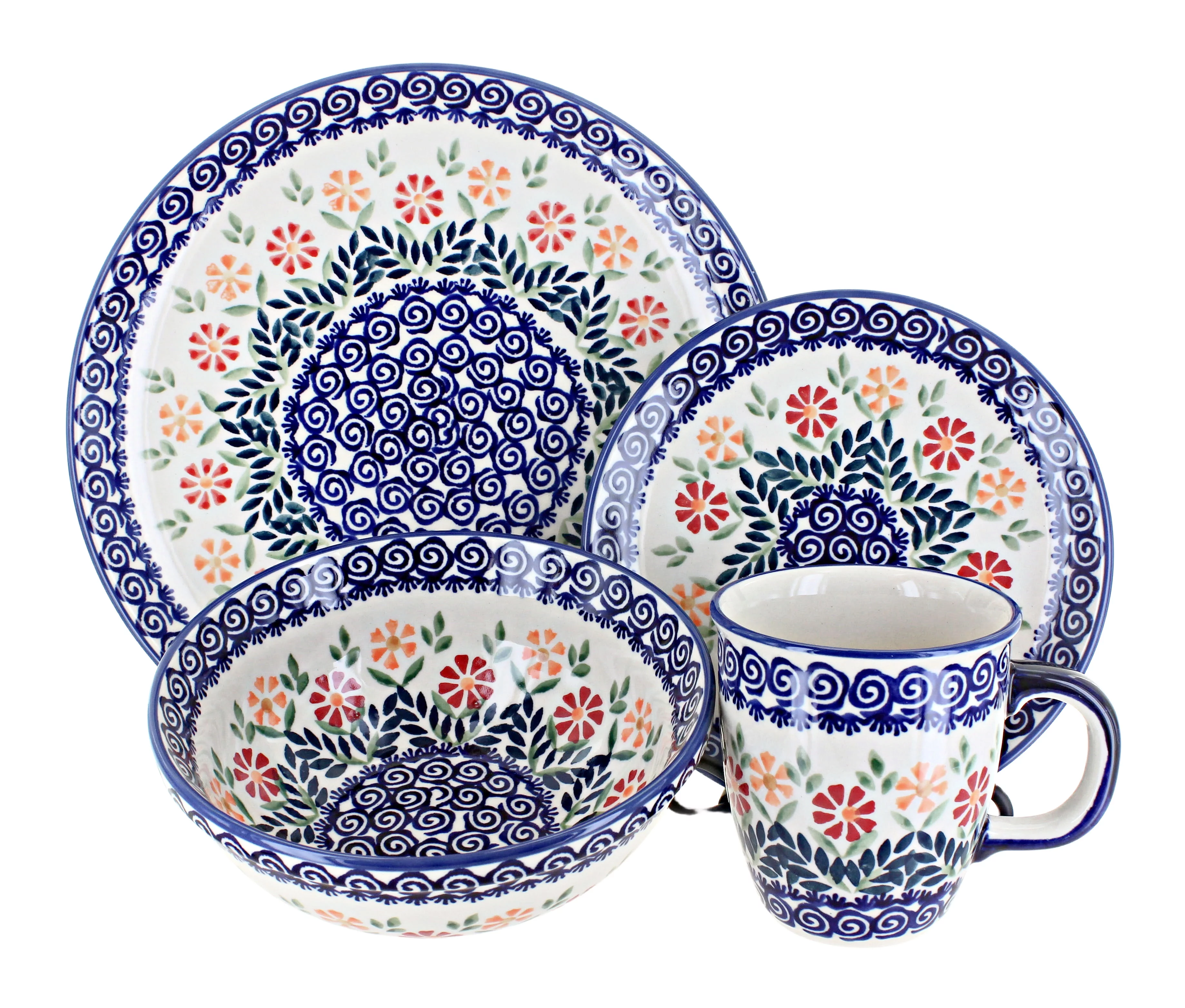 Blue Rose Polish Pottery Garden Bouquet 4 Piece Place Setting - Service for 1