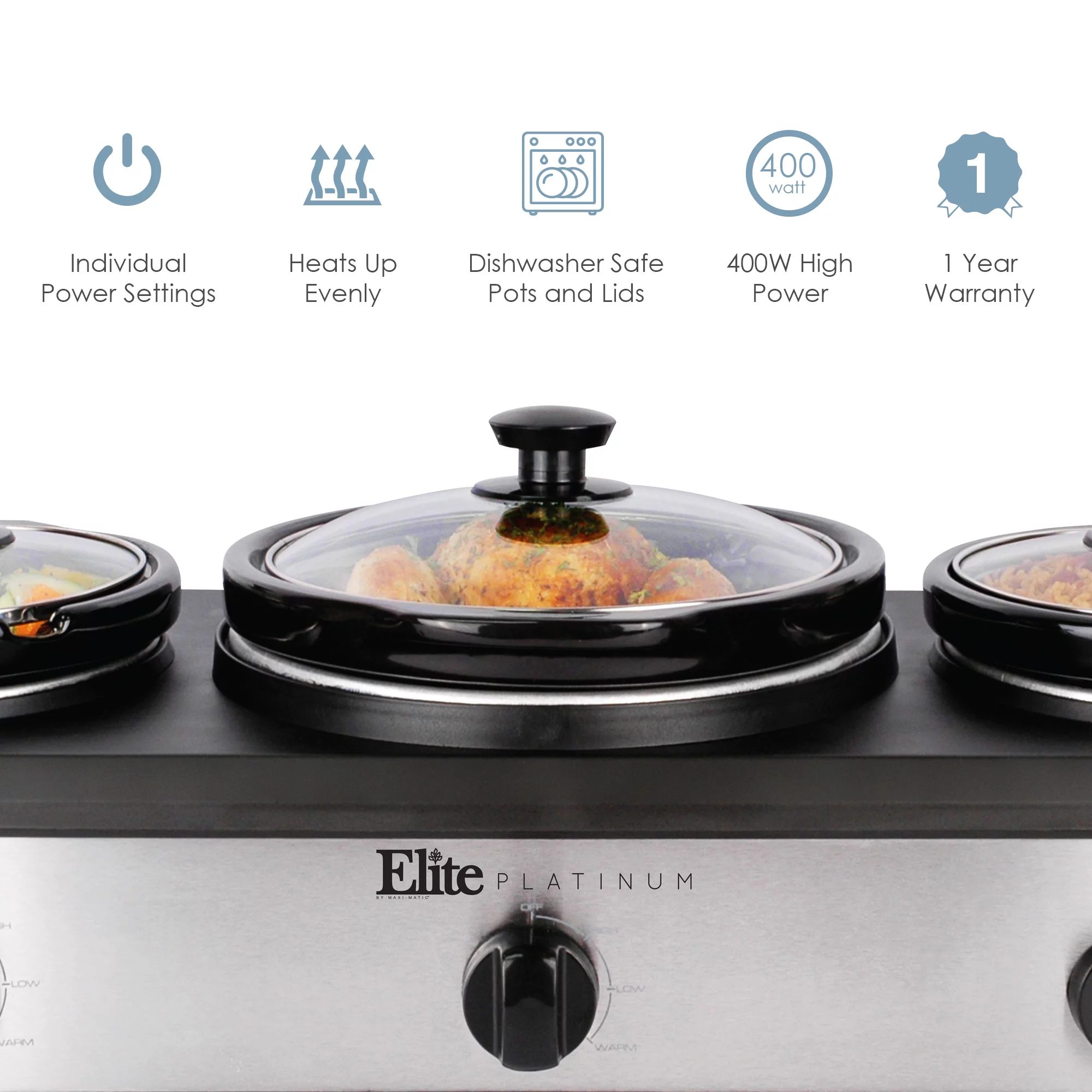 Elite EWMST-415 4-Quart and Two 1.25-Quart Slow Cooker Buffet