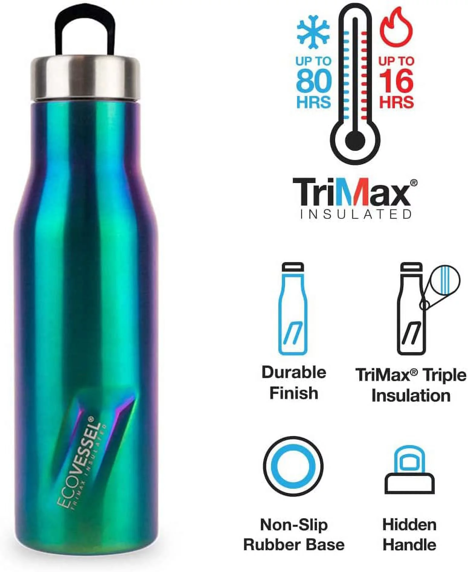 EcoVessel ASPEN Stainless Steel Insulated Water Bottle with Reflecta™ Insulated Lid with Hidden Handle and Rubber Base - 16oz (Over the Rainbow)