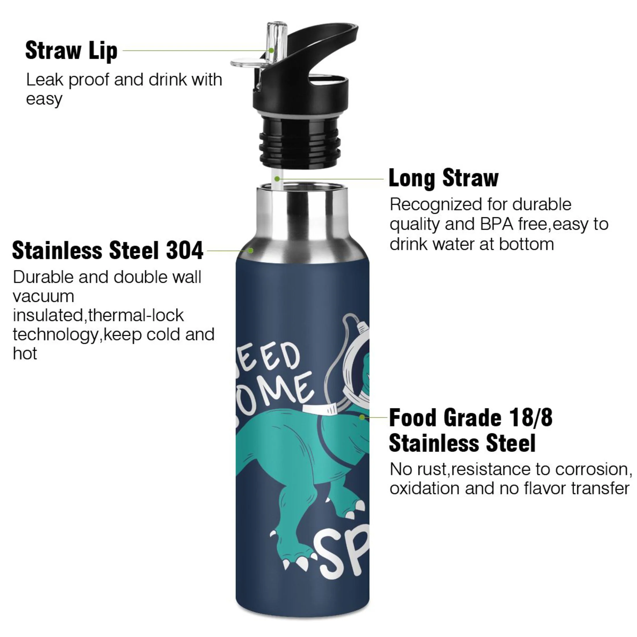 Stainless Steel Water Bottle Astronaut Dinosaur Space with Straw Lid Vacuum Insulated Keeps Hot and Cold Leak Proof Flask Jug for Gym Travel Sports Cycling Outdoor 20 OZ