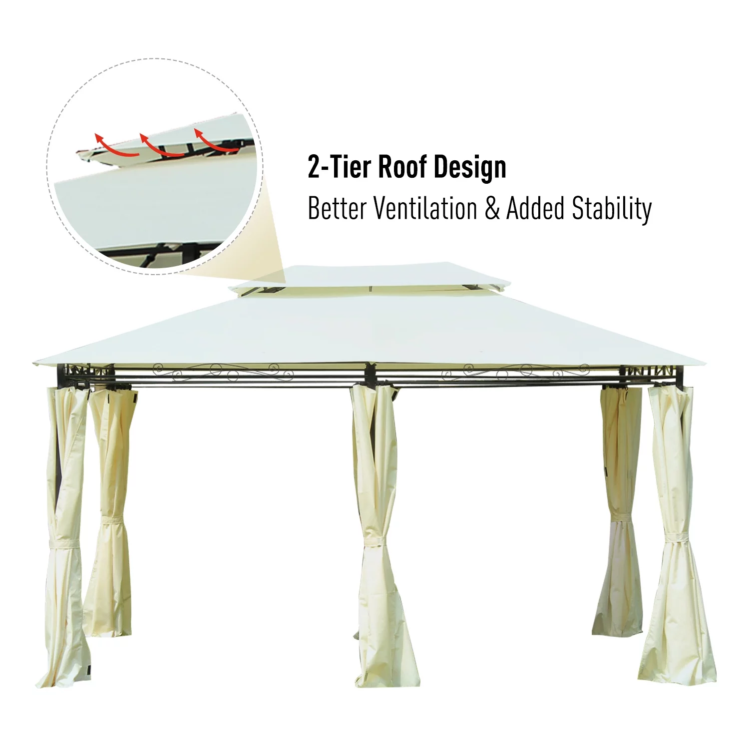 Large Outside Relaxing Cabana w/ Steel Frame & Removable Curtains, Cream White