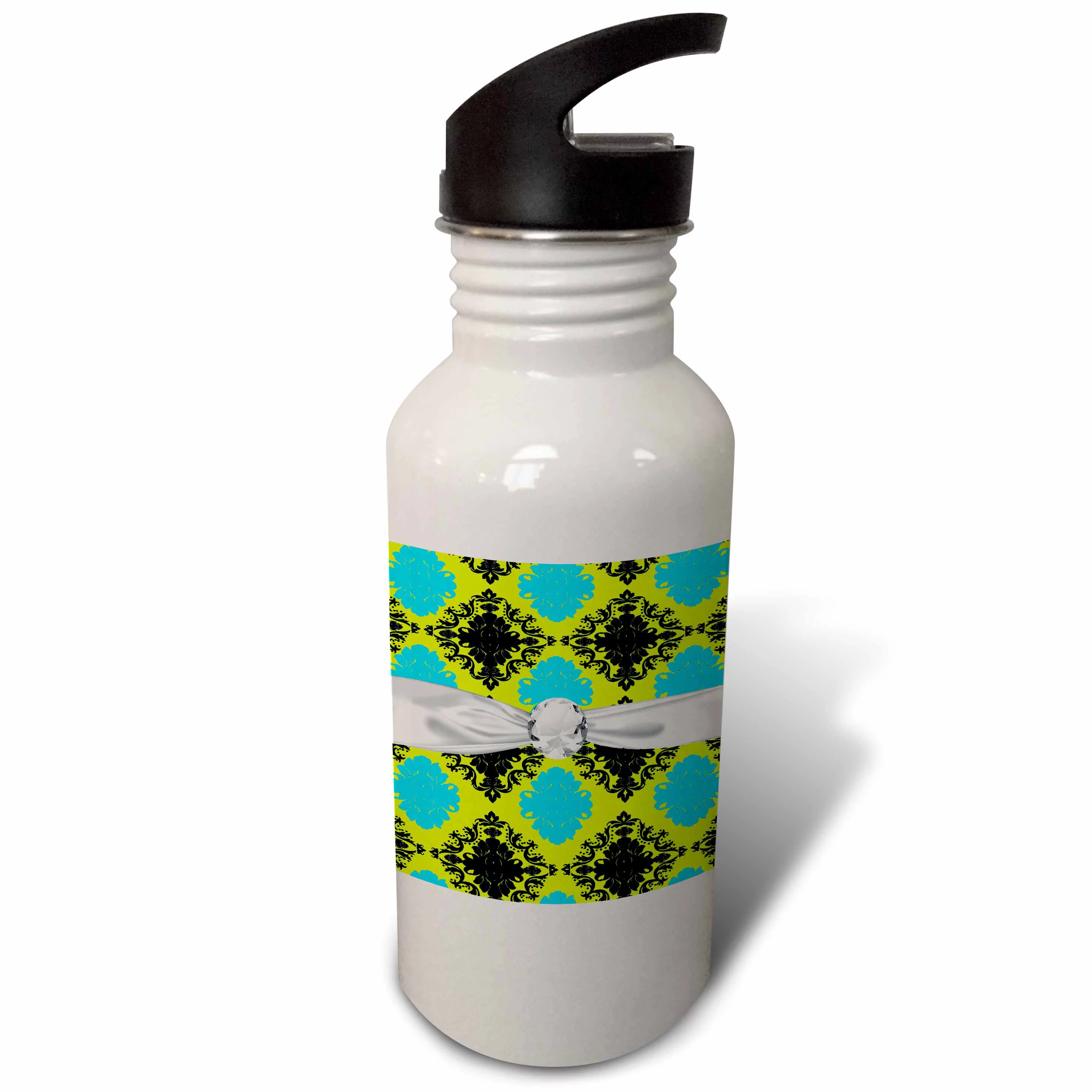 Bright Lime Green Aquamarine Blue Black Diamond Damask Faux Diamond  Ribbon 21 oz Sports Water Bottle wb-118962-1