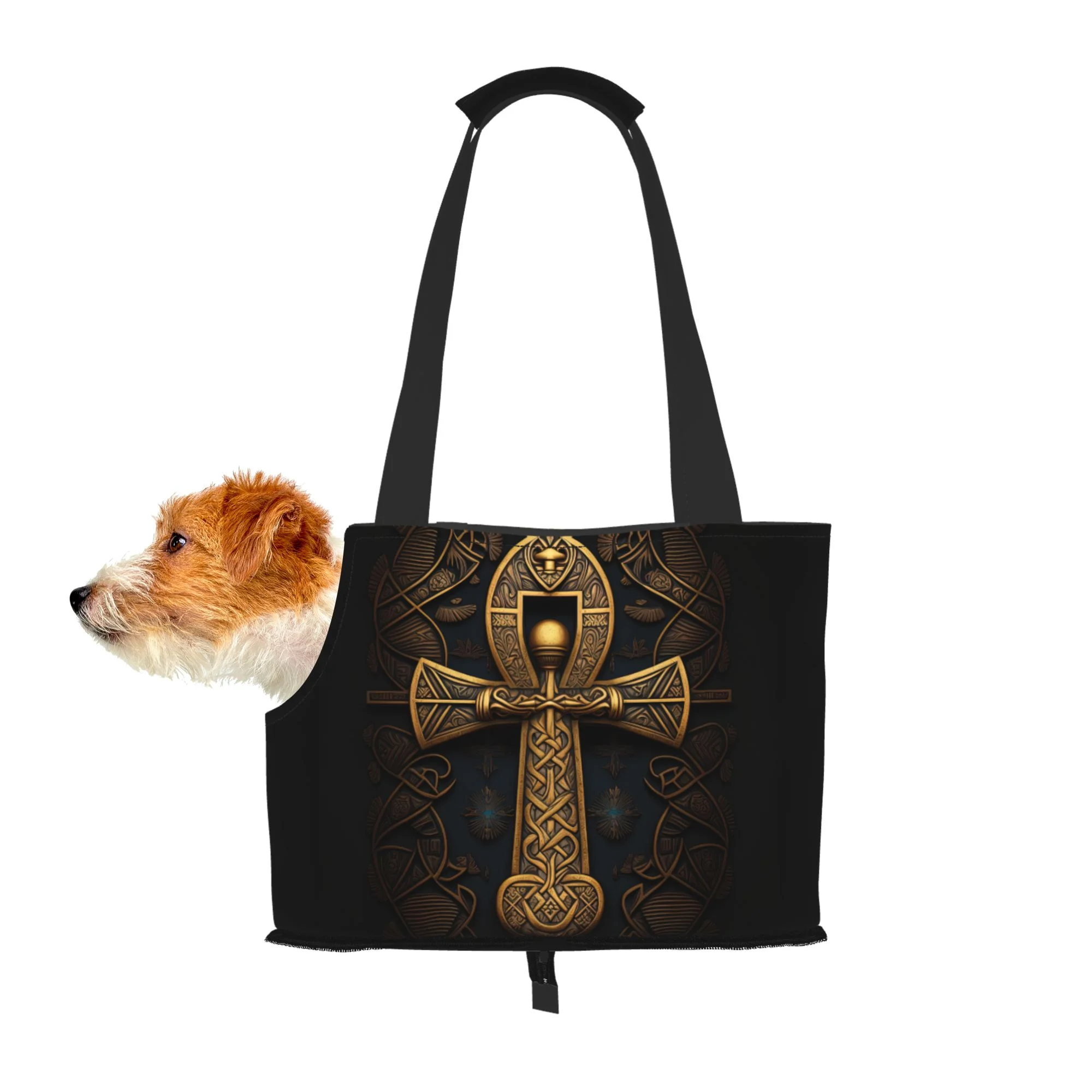 TEQUAN Foldable Dog Purse Carrier, Collapsible Ancient Golden Ankh Symbol Prints Pet Travel Tote Bag for Small Cat Puppy, Waterproof Dog Soft-Sided Carriers