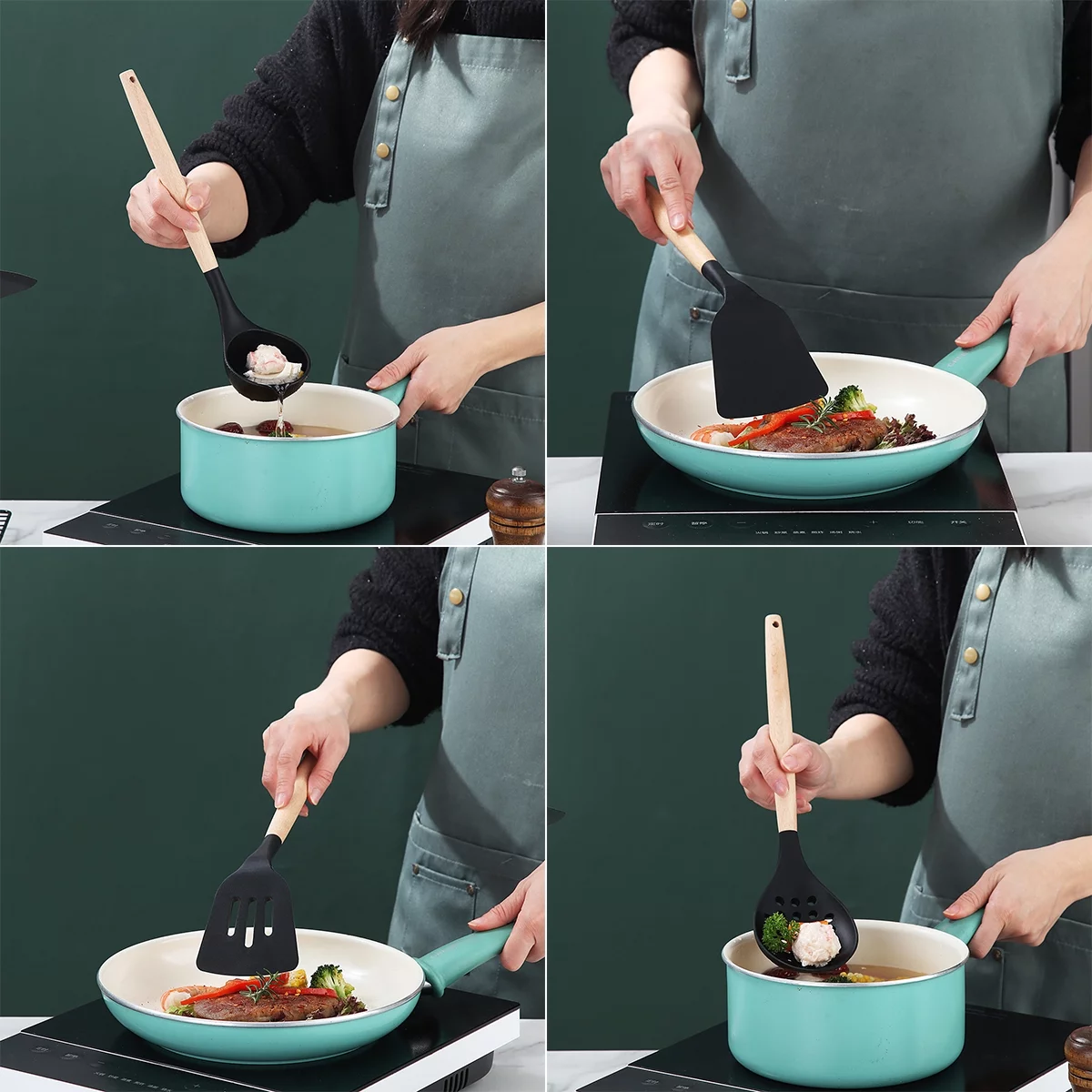 ReaNea Silicone Kitchen Utensils Set 38 Pieces and Utensil Holder (Black)