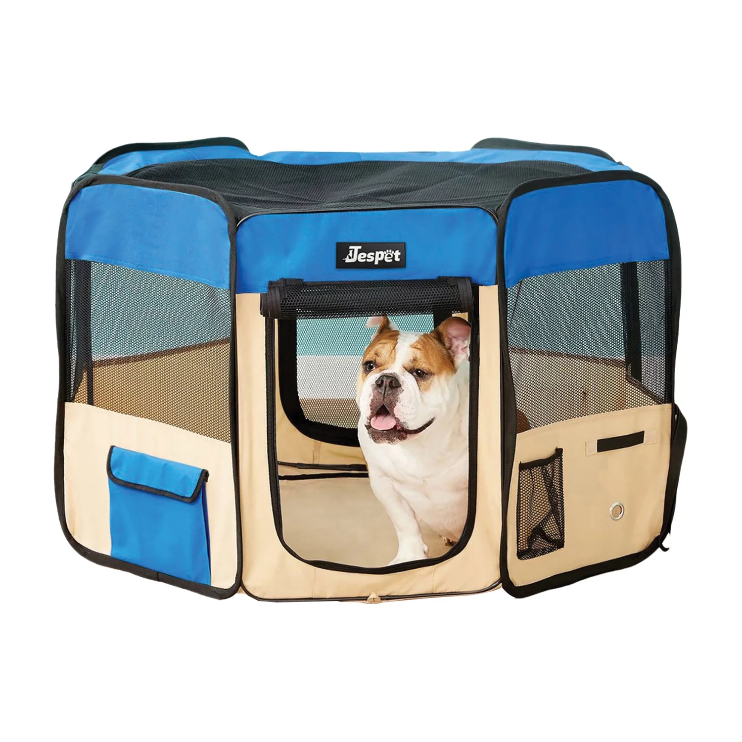 Jespet Portable Dog Exercise Pet Soft-Side Playpen (Medium; Royal Blue and Beige), PPP-45BL