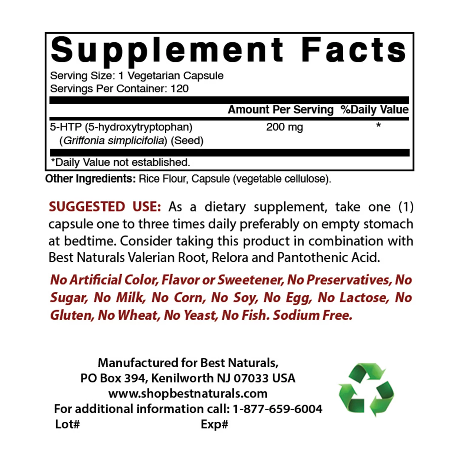 Best Naturals 5-HTP 200 mg 120 Vegetarian Capsules