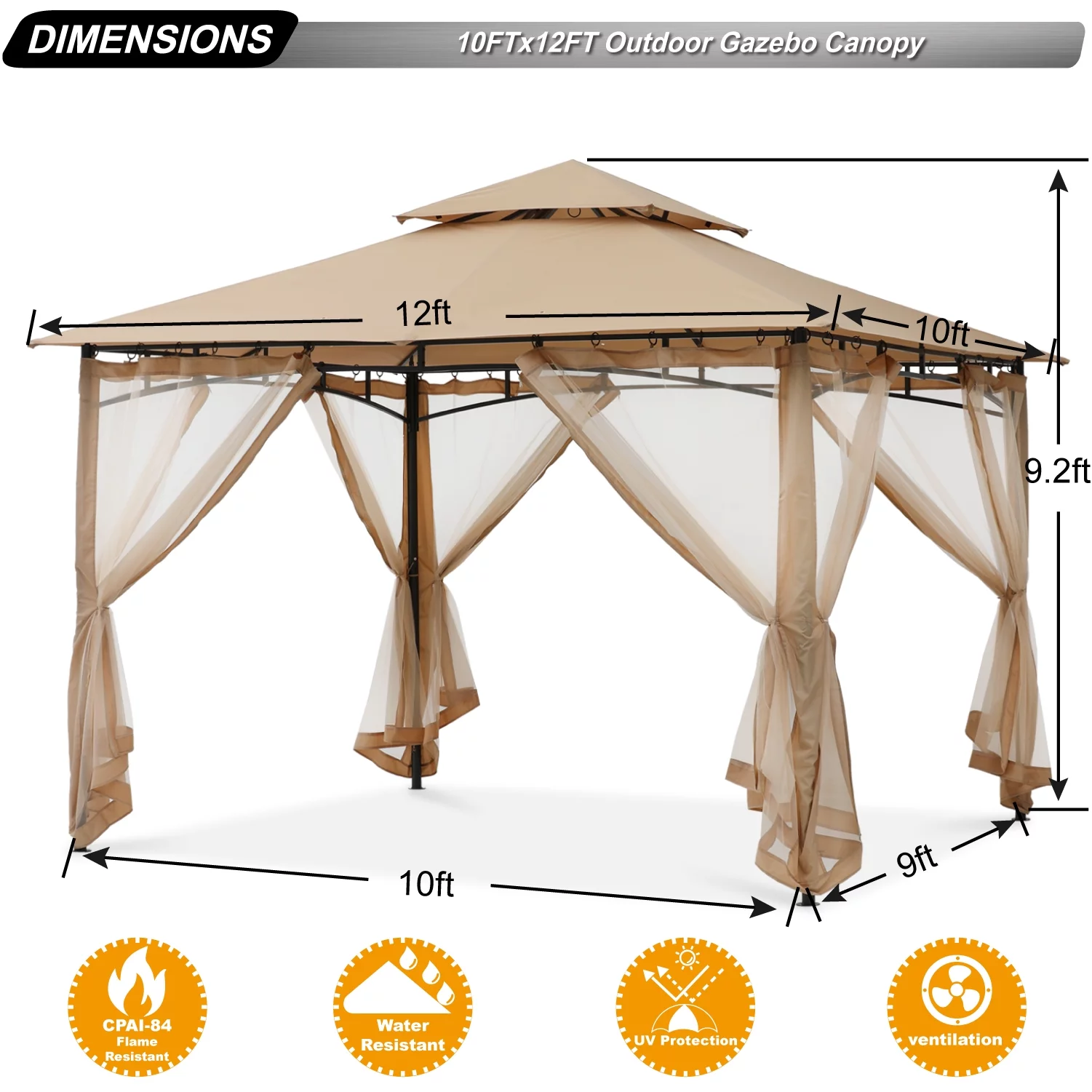 ABCCANOPY Sturdy Patio Gazebo 10 Ft x 12 Ft with Mosquito Netting,Khaki