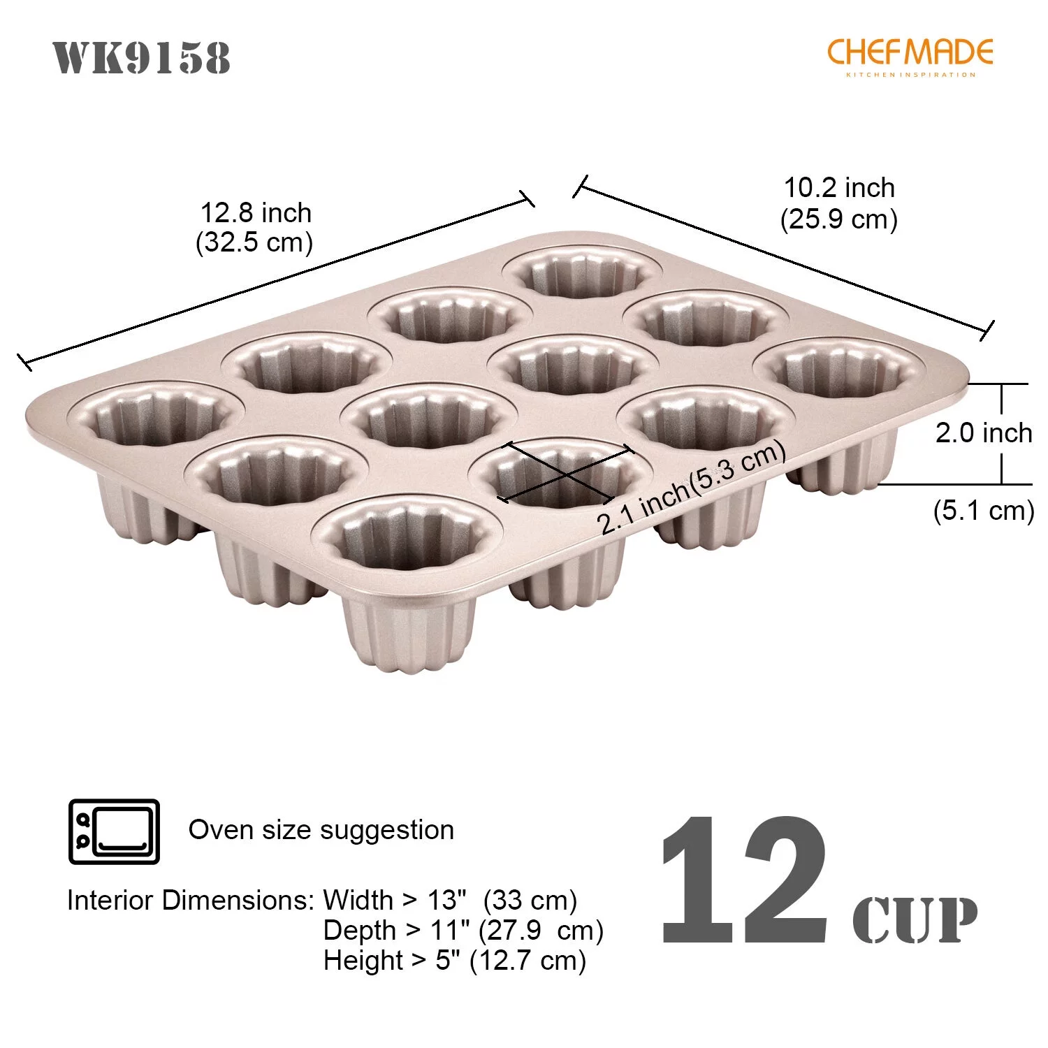CHEFMADE Canele Mold, 12-Cavity Non-Stick Cannele Cake Muffin Bakeware Cupcake Pan for Oven Baking