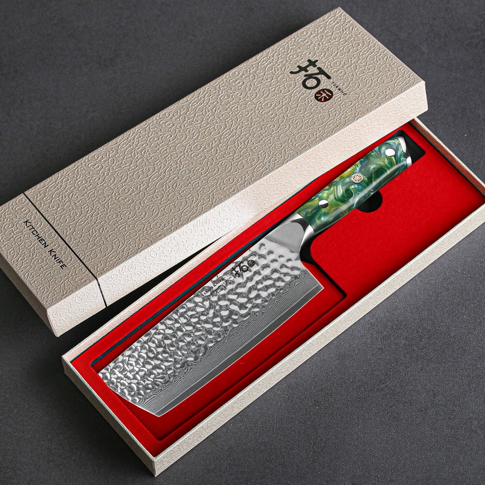 TURWHO 7inch Nakiri Knife Japanese VG10 Damascus Steel Chef Kitchen Knife With Green Resin Handle