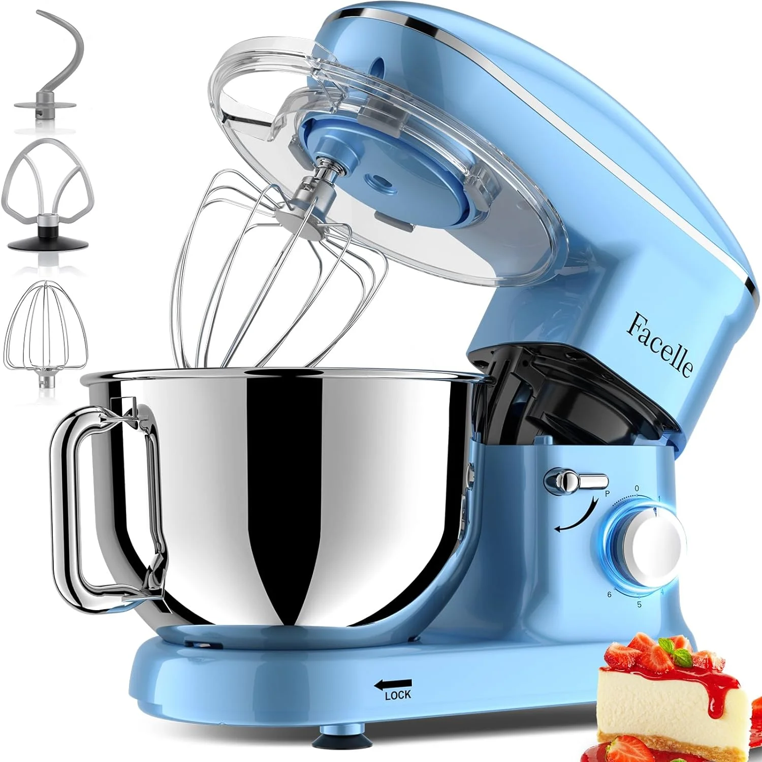 YONG Electric Stand Mixer, 660W 6 Speed Kitchen Mixer with Pulse Button, Attachments include 6.5 QT Bowl, Dishwasher Safe Beater, Dough Hook, Whisk & Splash Guard for Dough, Baking, Cookie (Blue)