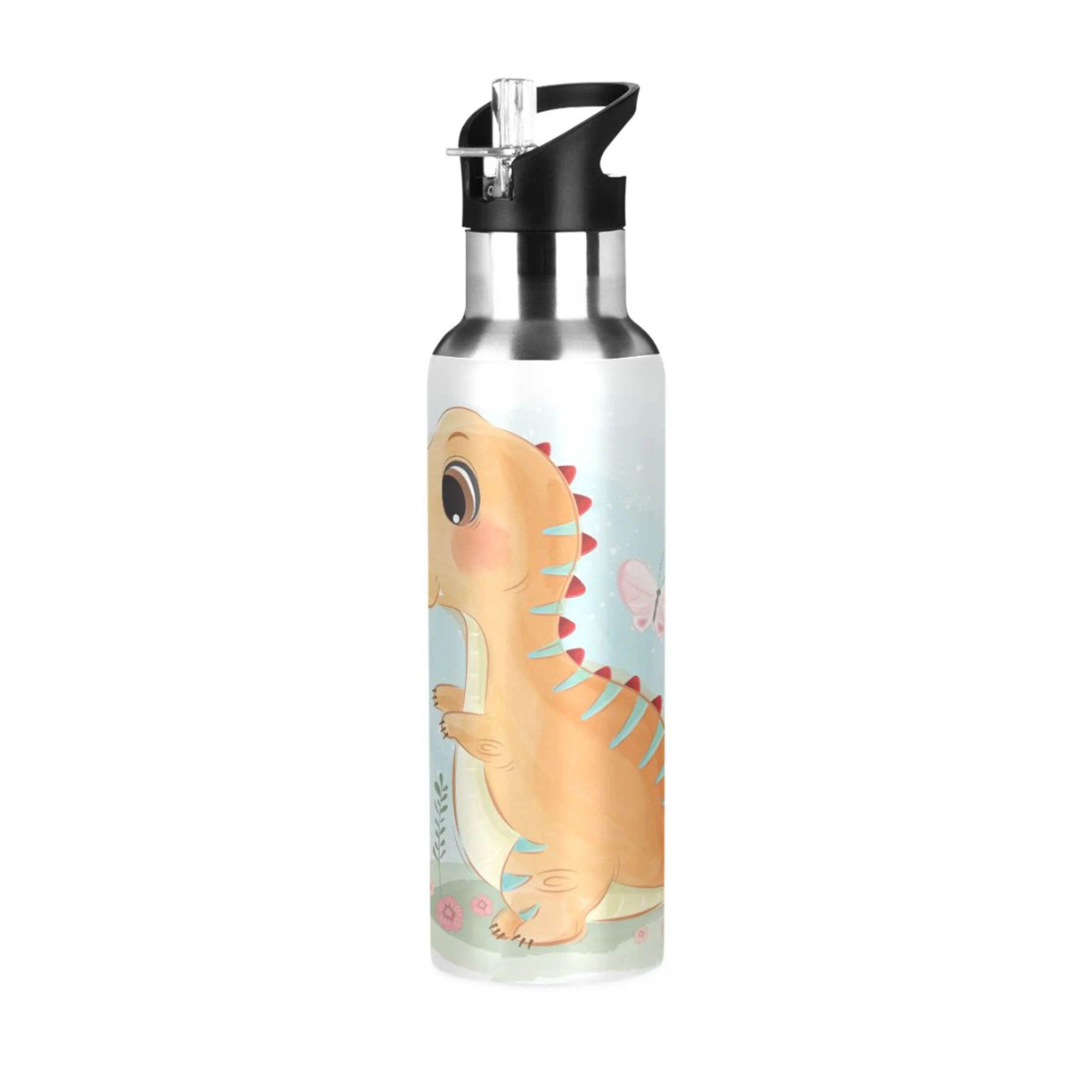 Water Bottle with Straw Lid Leak Dinosaur Playing Happily Stainless Steel Insulated Thermos Vacuum Flask for Cold Hot Drinking for Sports Camping Gym Yoga