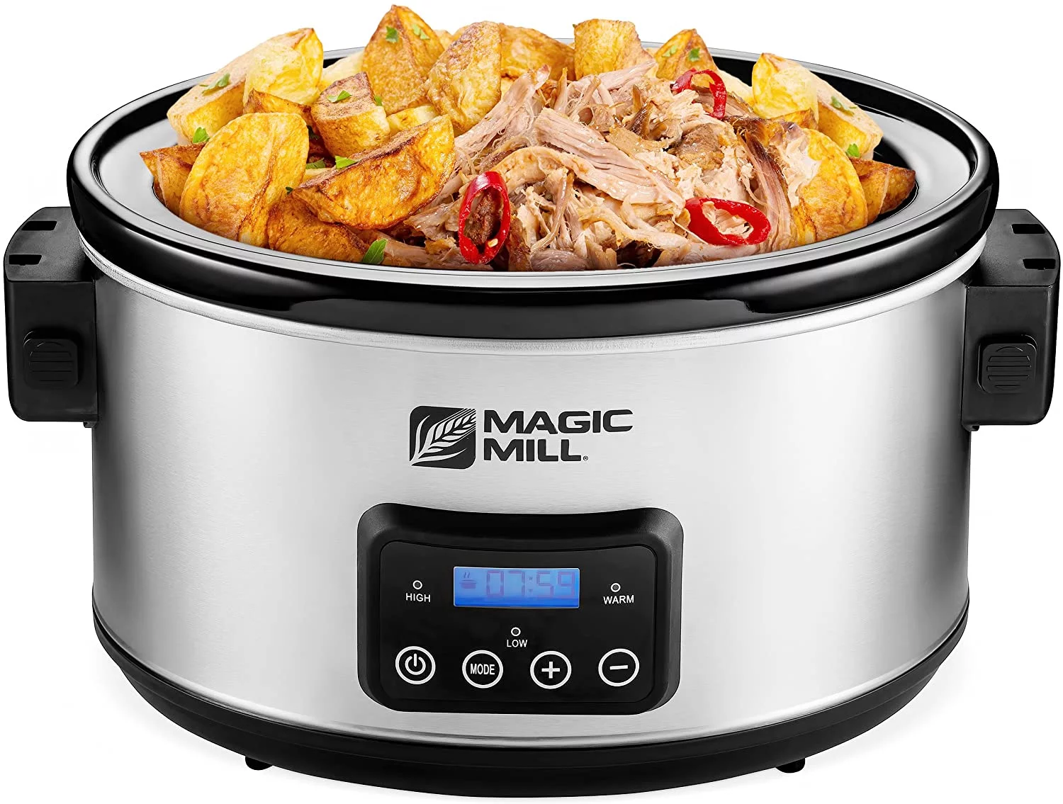 Magic Mill 8.5 Quart Slow Cooker Crock Pot, Digital Programmable, 20 Hour Timer, 3 Cooking Settings, Locking Lid for Easy Transport, Dishwasher Safe