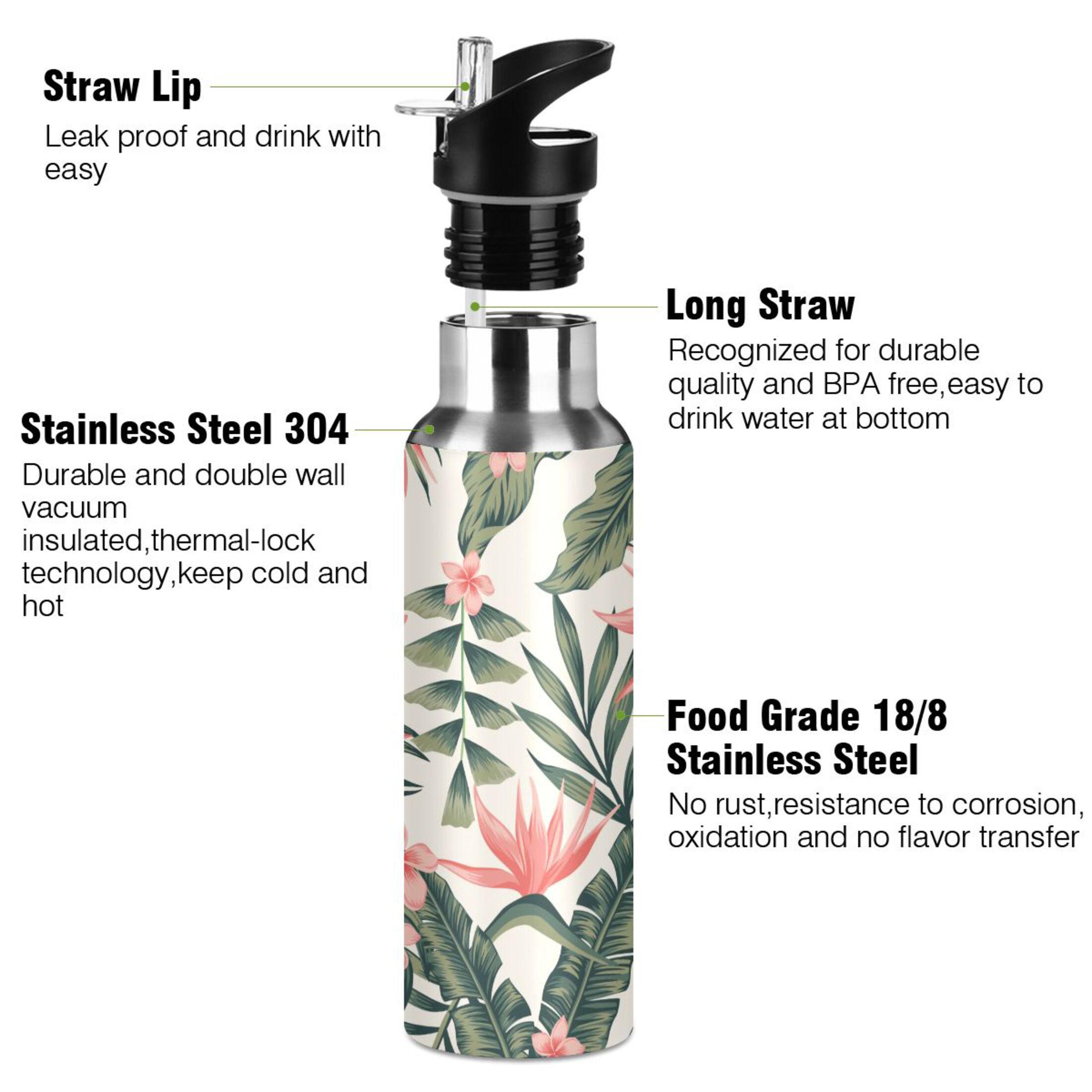 Tropical Palm Tree Flowers Water Bottles Insulated Thermos Kids Stainless Steel Bottle with Straw Lid Flask Leakproof for Sports Gym 20 oz