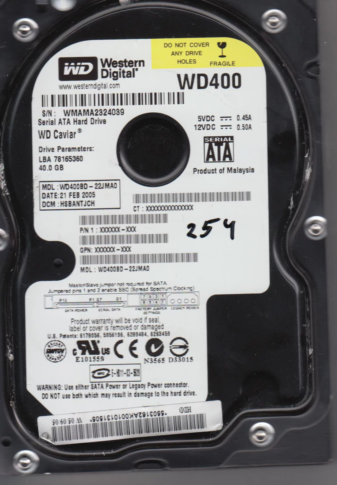 WD400BD-22JMA0, DCM HSBANTJCH, Western Digital 40GB SATA 3.5 Hard Drive