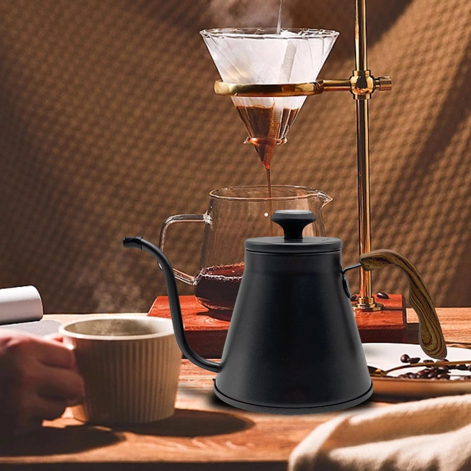 Coffee Kettle 1L Professional Flow Spout Wood Handle Steel Comfortable Grip Tea Pot Teakettle for Camping Outdoor Indoor Office Home Picnic Black