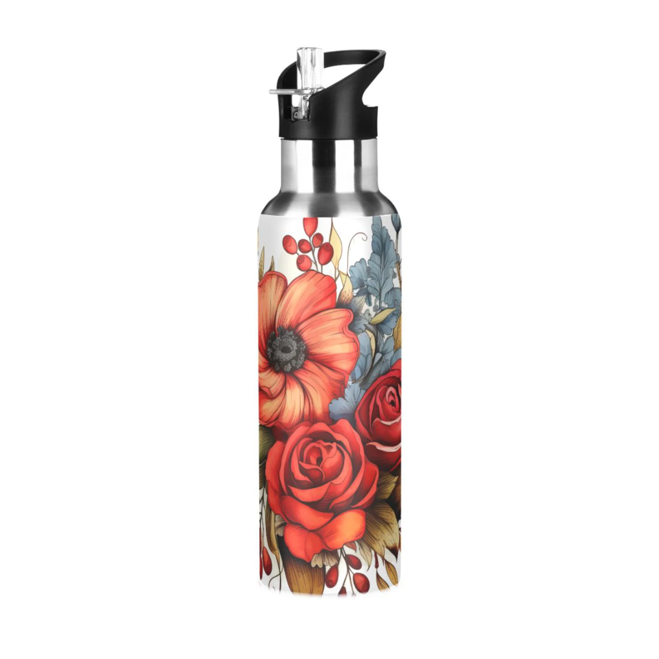 Roses Flowers Water Bottles Insulated Thermos Kids Stainless Steel Bottle with Straw Lid Flask Leakproof for Sports Gym 20 oz