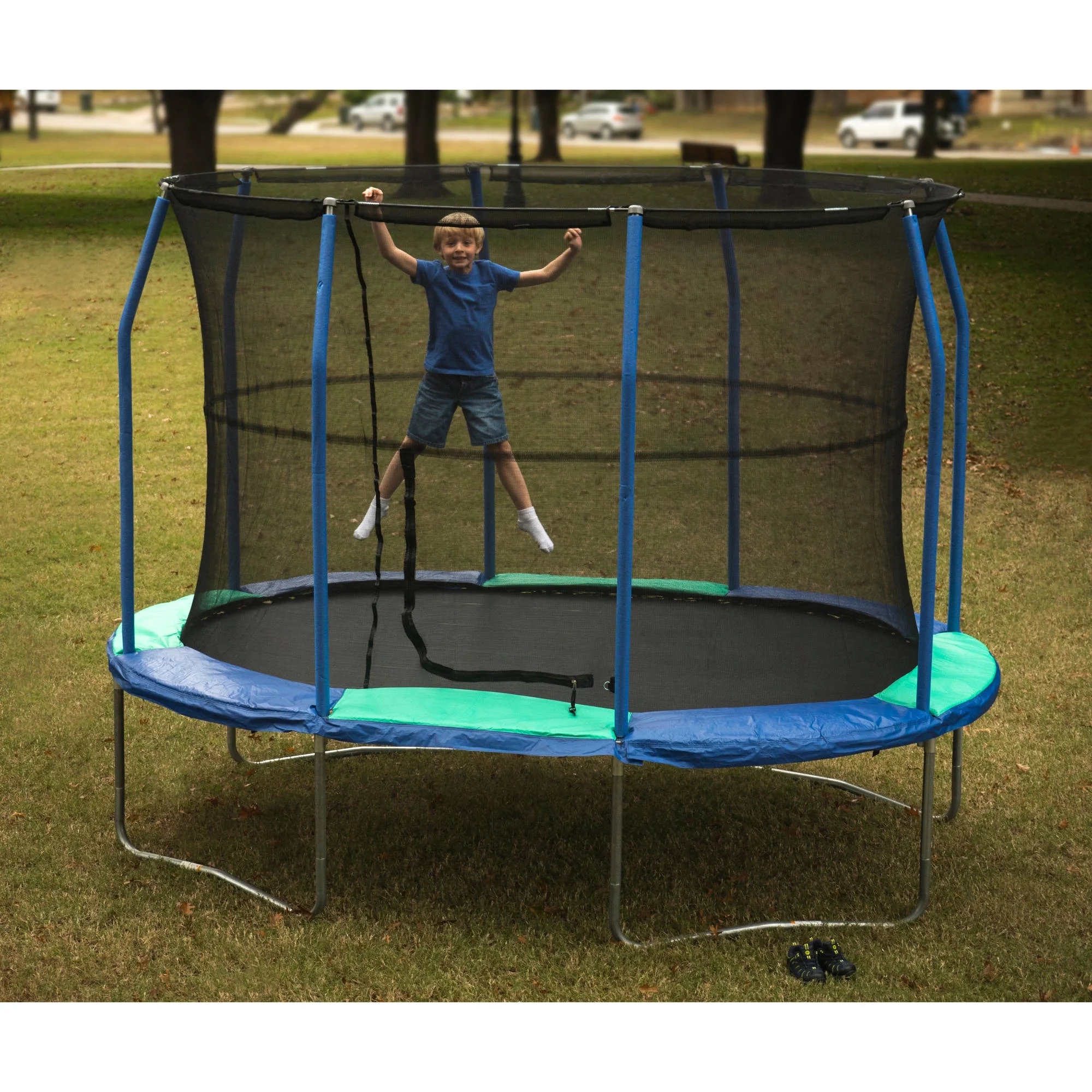 JumpKing Oval 8' x 11.5' Trampoline, with Enclosure, Blue/Green