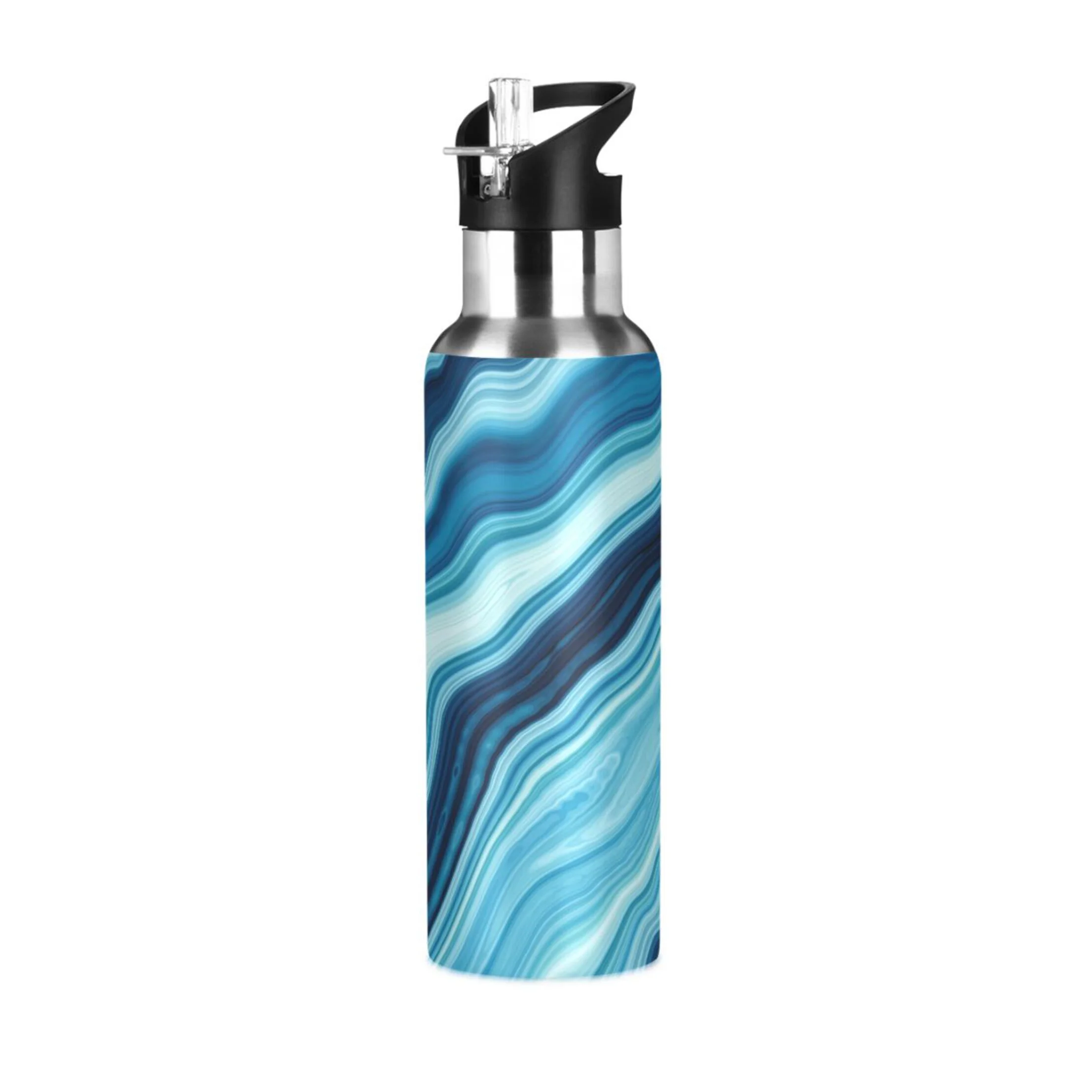 Water Bottle with Straw Lid Leak Marble in Blue Stainless Steel Insulated Thermos Vacuum Flask for Cold Hot Drinking for Sports Camping Gym Yoga