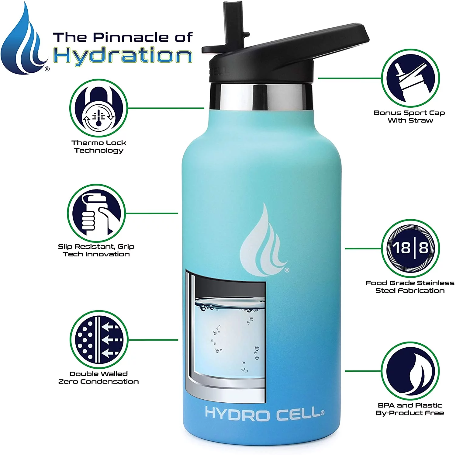 HYDRO CELL Stainless Steel Water Bottle w/Straw & Standard Mouth Lids