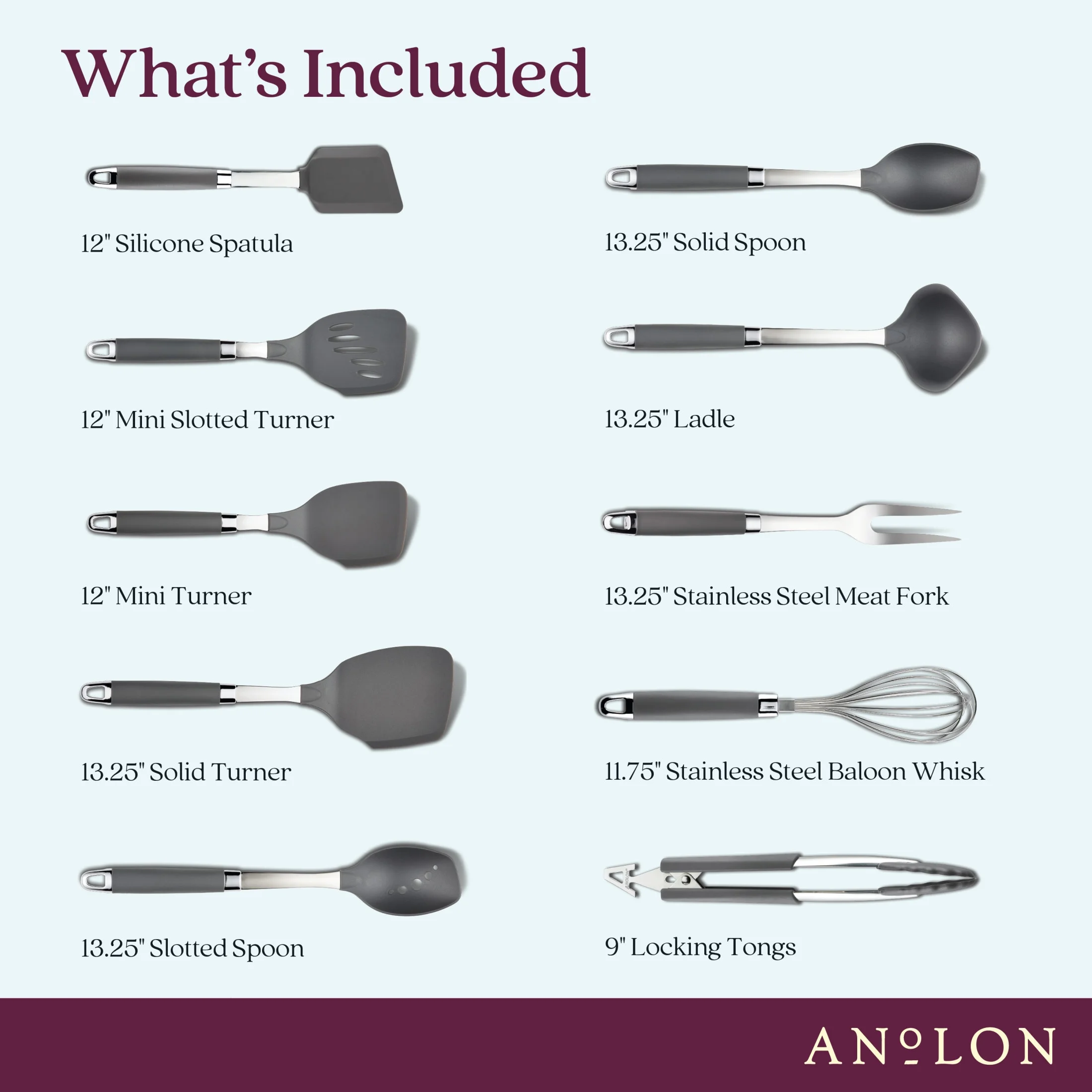 Anolon Tools and Gadgets SureGrip Nonstick Kitchen Utensil Set, 10 Piece, Nylon, Graphite