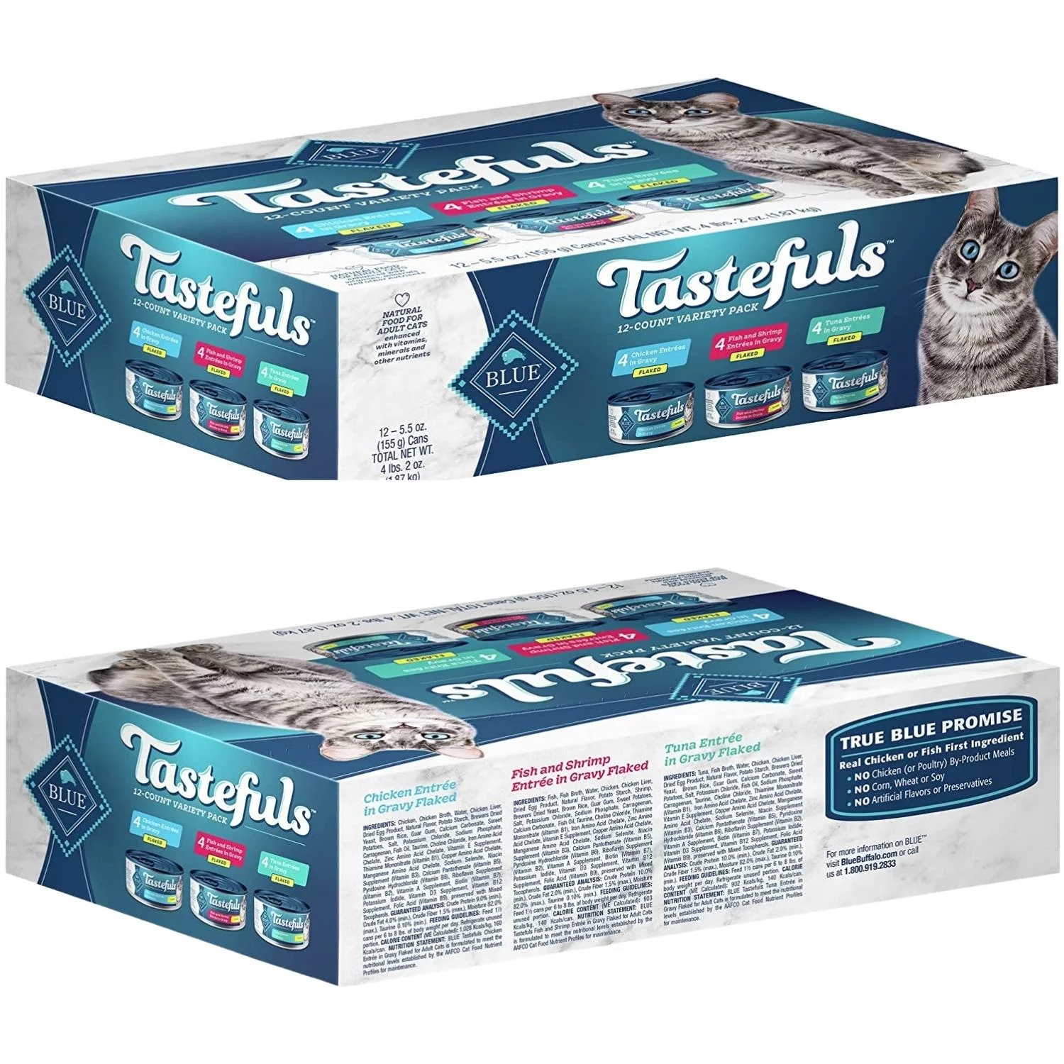 Blue Buffalo Tastefuls Natural Flaked Wet Cat Food Variety Pack, Tuna, Chicken and Fish & Shrimp Entrées in Gravy 5.5 Oz Cans (12 Count - 4 Of Each Flavor)