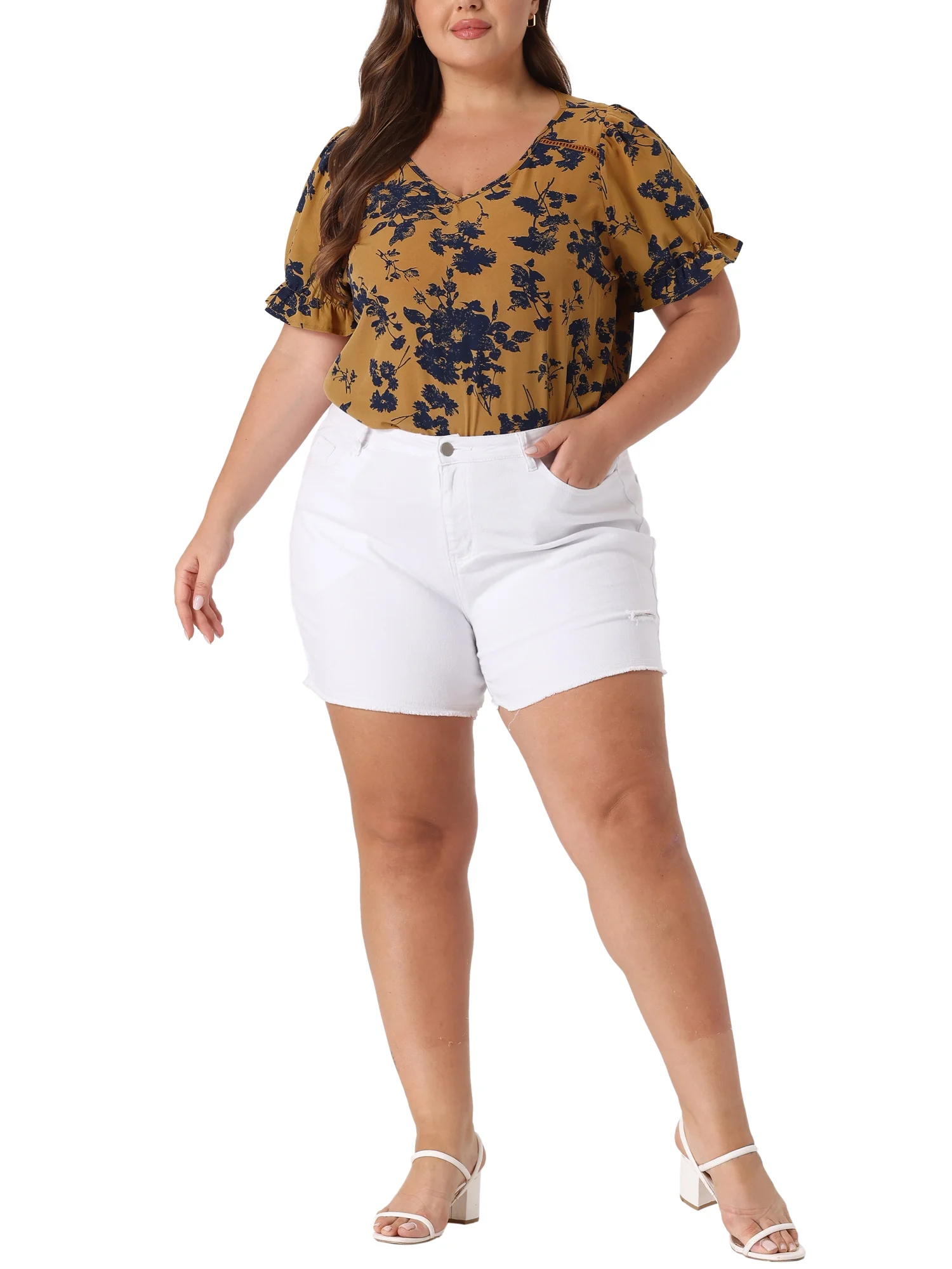 Agnes Orinda Women's Plus Size V Neck Ruffle Sleeve Floral Blouse