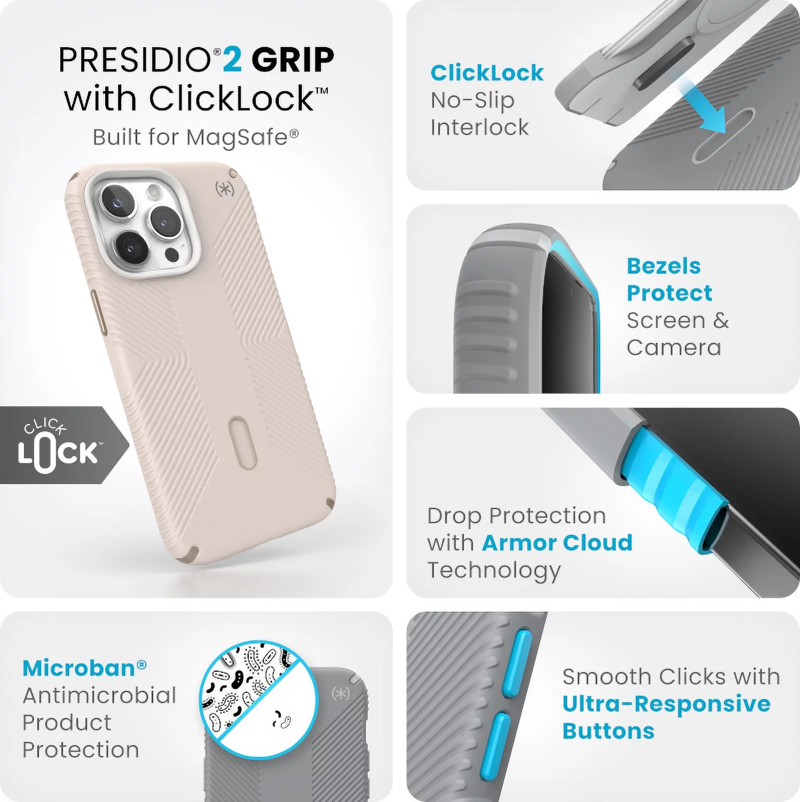 Speck iPhone 15 Pro Max Case-Presidio2 Grip-ClickLock-MagSafe-6.7 Inch Phone Case-Bleached Bone/Heirloom Gold/Hazel Brown