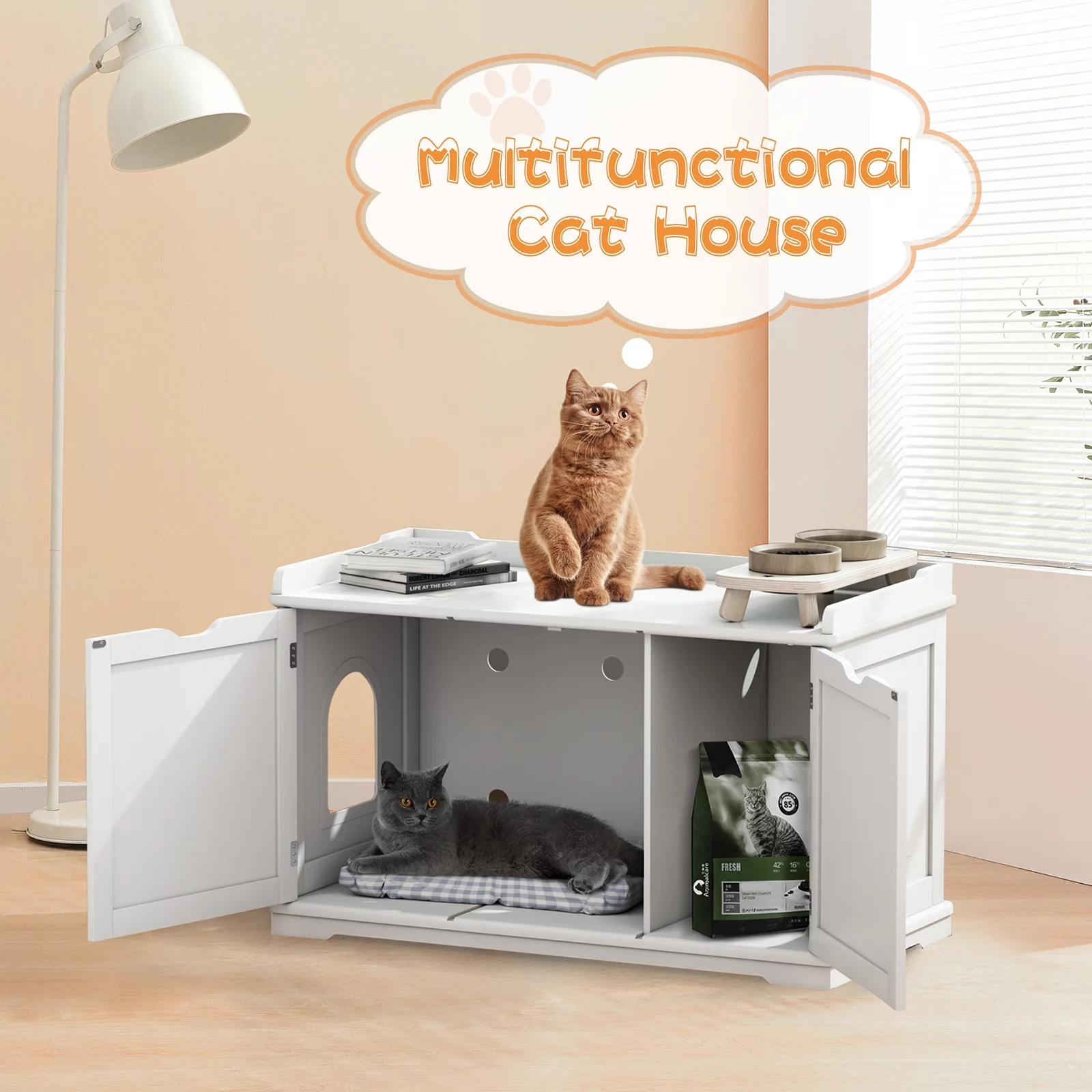 Dcenta Cat Washroom Bench, Wood Litter Box Cover, Removable Partition, Ventilated Holes, White